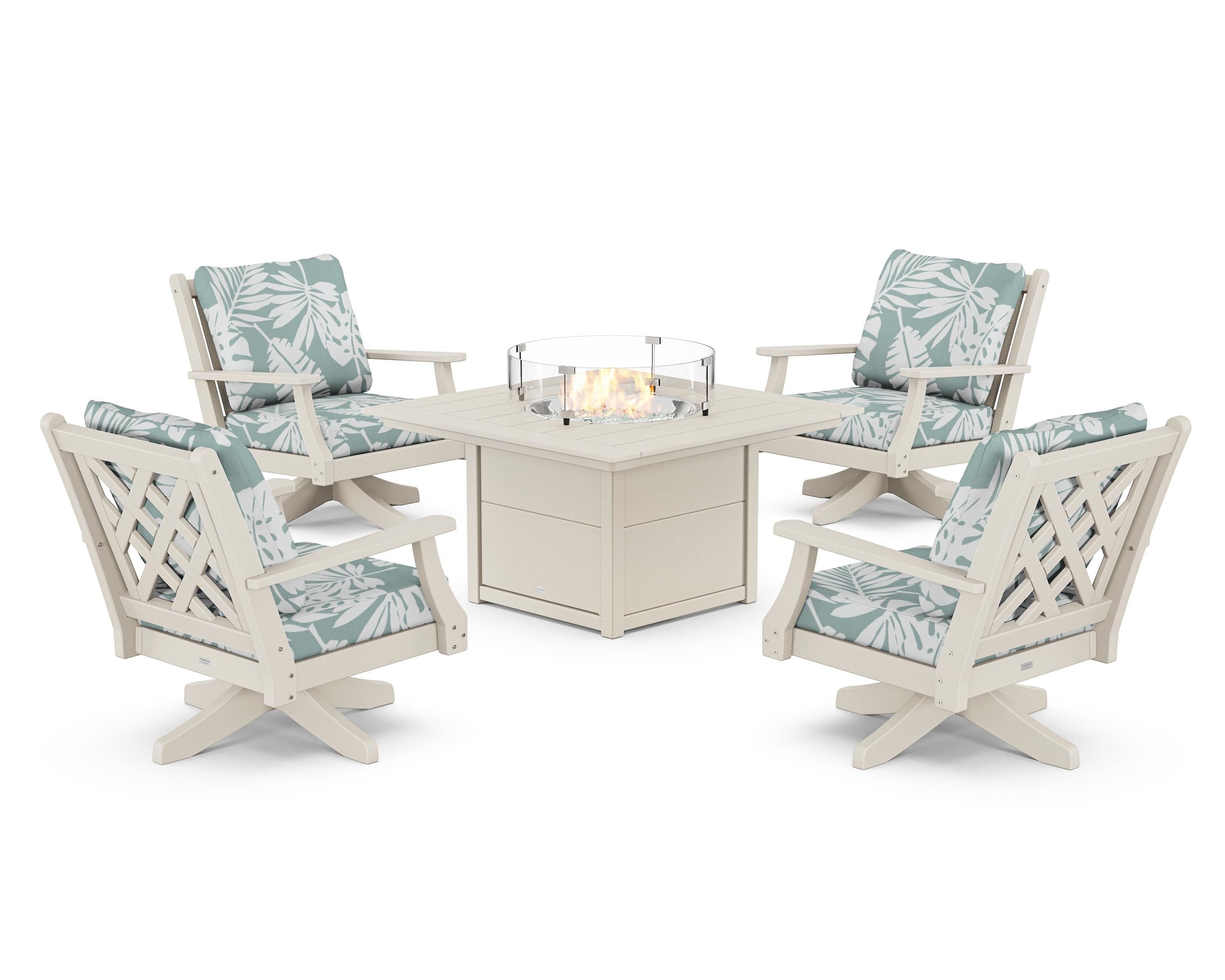 Country Living Wovendale 5-Piece Deep Seating Swivel Conversation Set with Fire Pit Table in Sand / Leaf Glacier Spa
