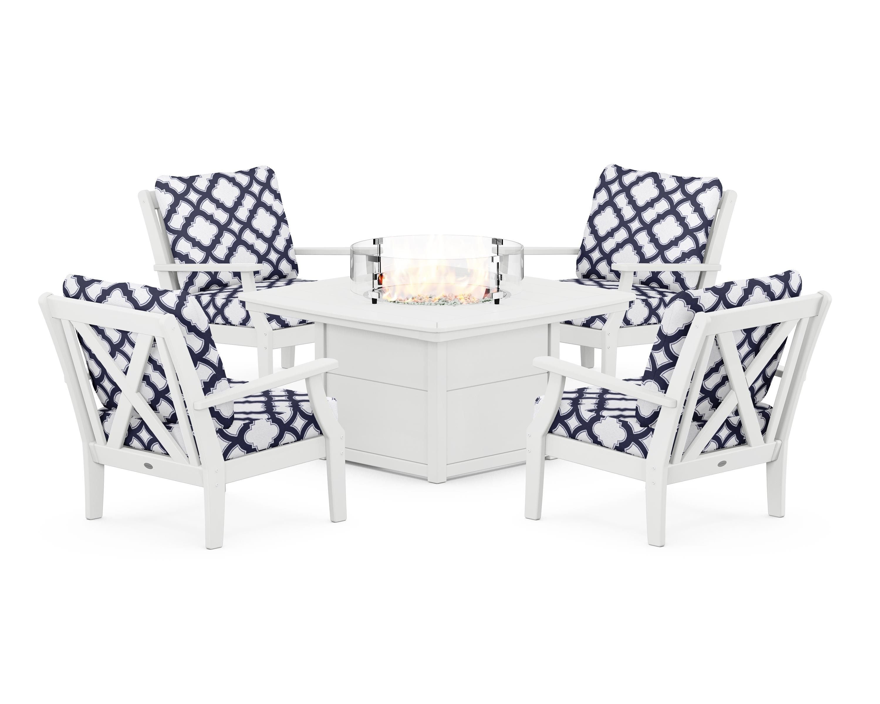 POLYWOOD® Braxton 5-Piece Deep Seating Conversation Set with Fire Pit Table in White / Trellis Navy