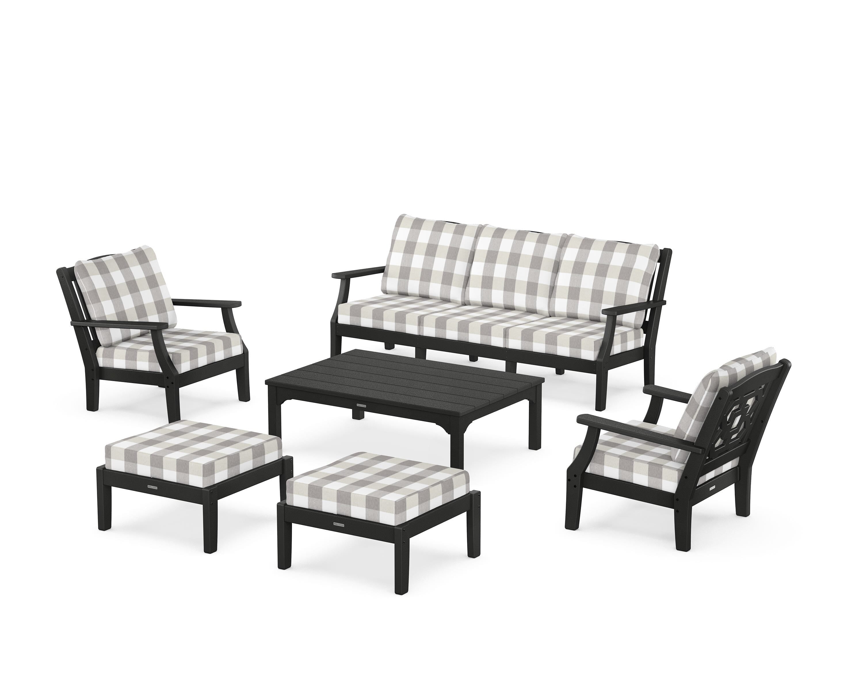 Martha Stewart by POLYWOOD® Chinoiserie 6-Piece Lounge Sofa Set in Black / Buffalo Plaid Grey Mist