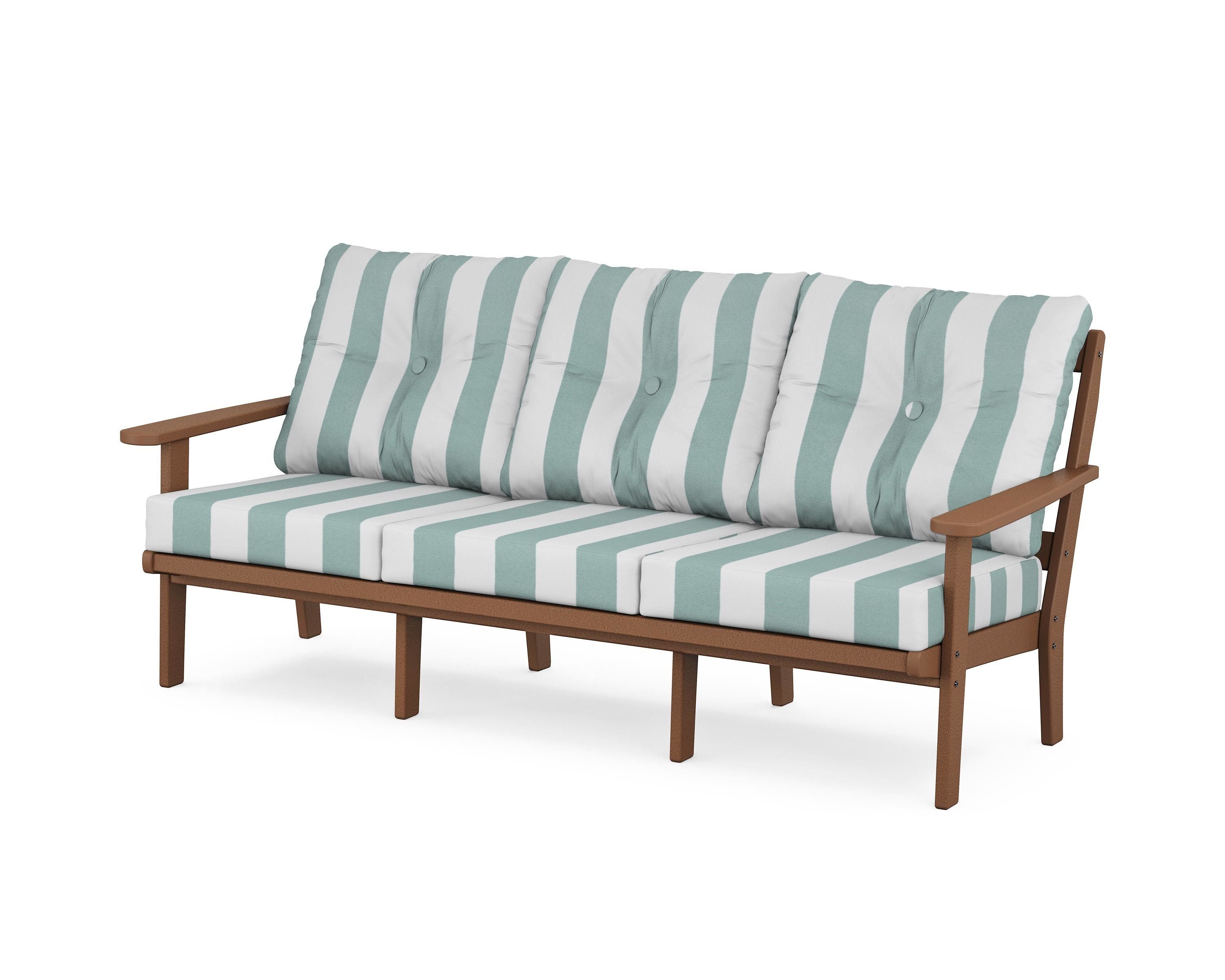 POLYWOOD® Mission Deep Seating Sofa in Teak / Cabana Stripe Glacier Spa