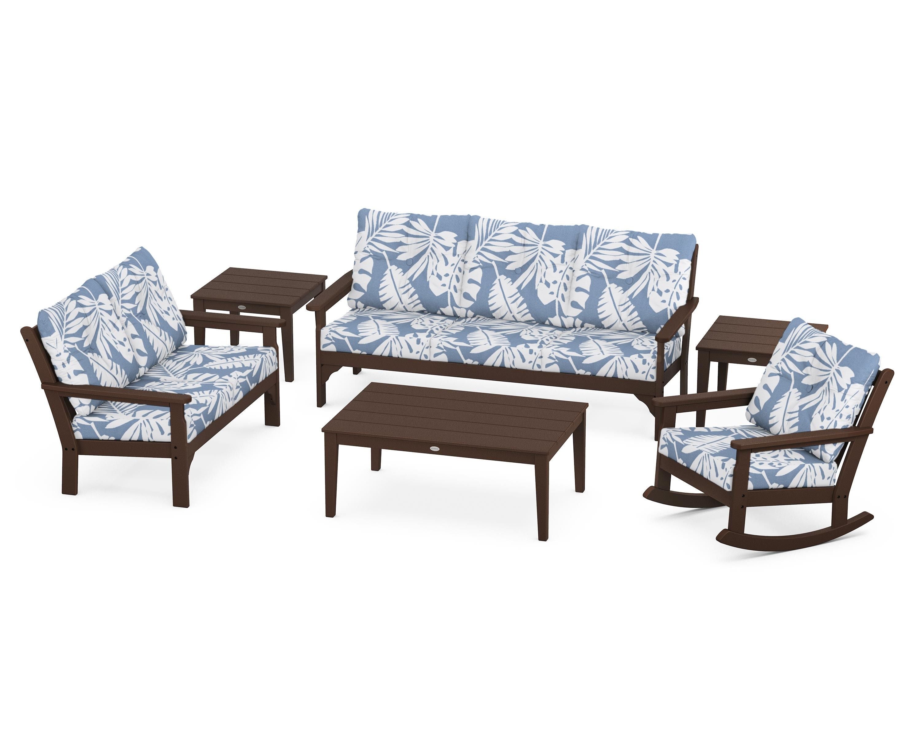 POLYWOOD® Vineyard 6-Piece Deep Seating Set in Mahogany / Leaf Sky Blue