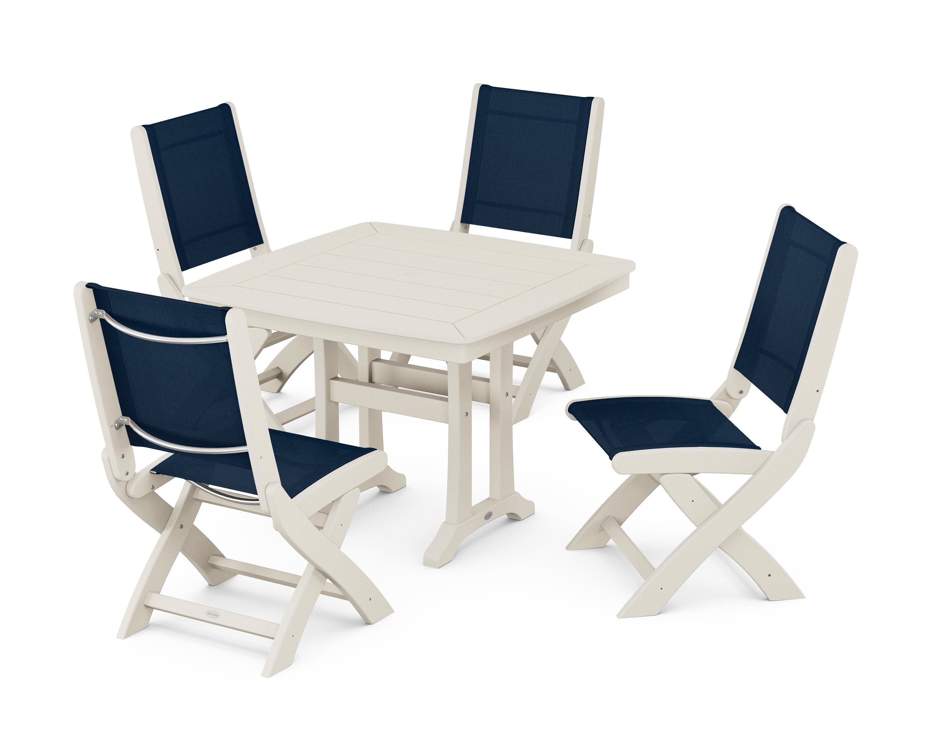 POLYWOOD® Coastal Folding Side Chair 5-Piece Dining Set with Trestle Legs in Sand / Navy Blue Sling