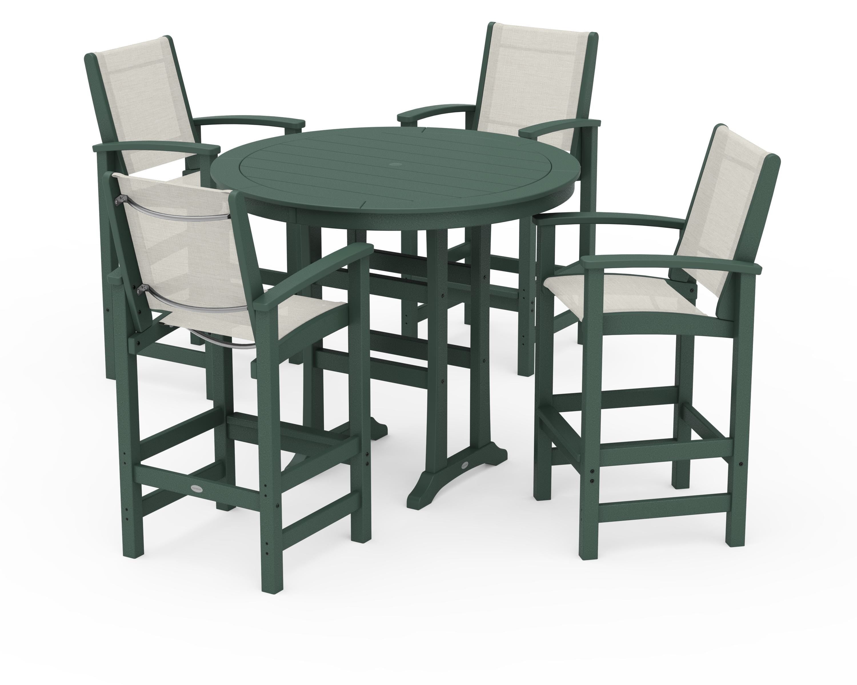 POLYWOOD® Coastal 5-Piece Nautical Trestle Bar Set in Green / Parchment Sling