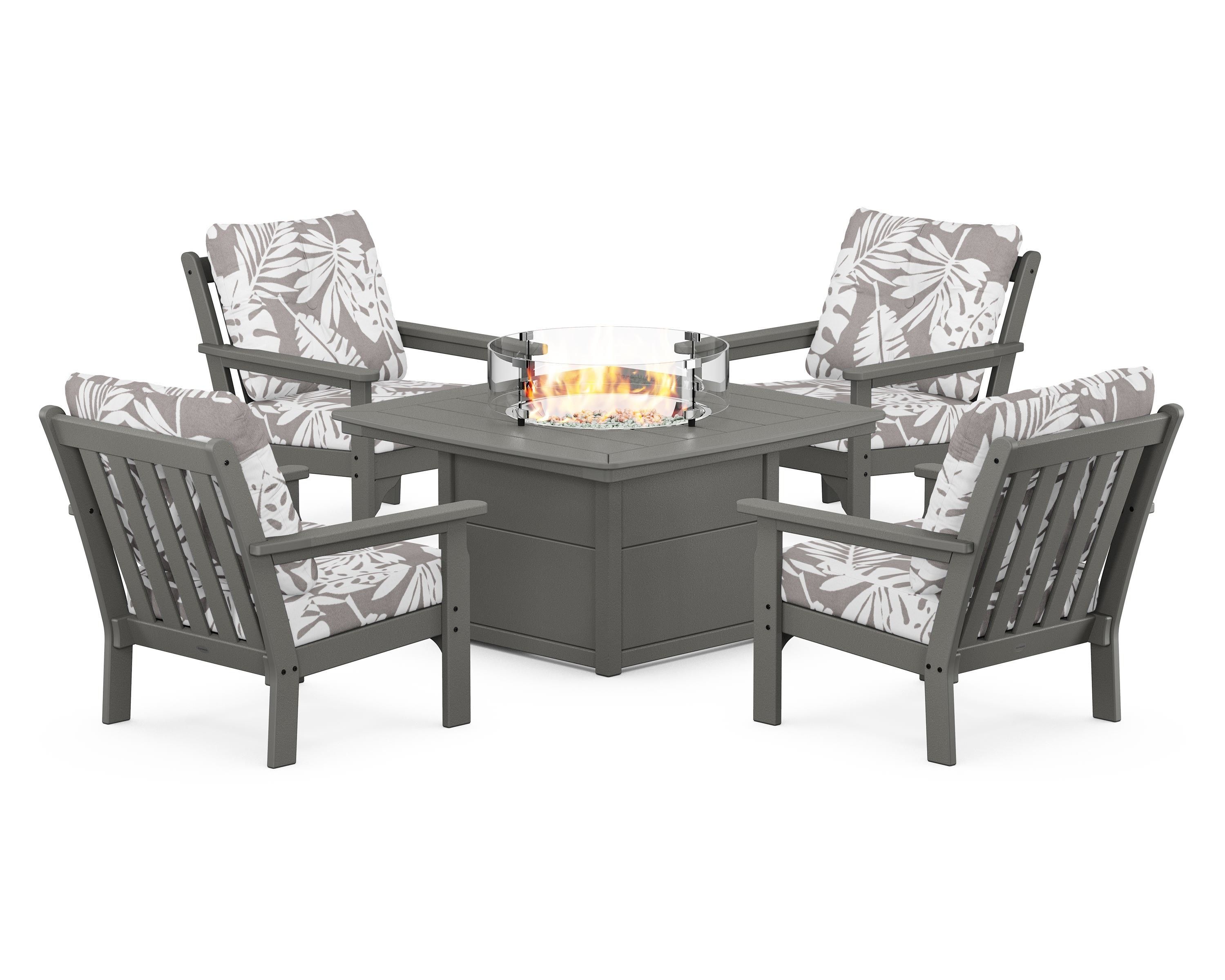 POLYWOOD® Vineyard 5-Piece Conversation Set with Fire Pit Table in Slate Grey / Leaf Grey Mist