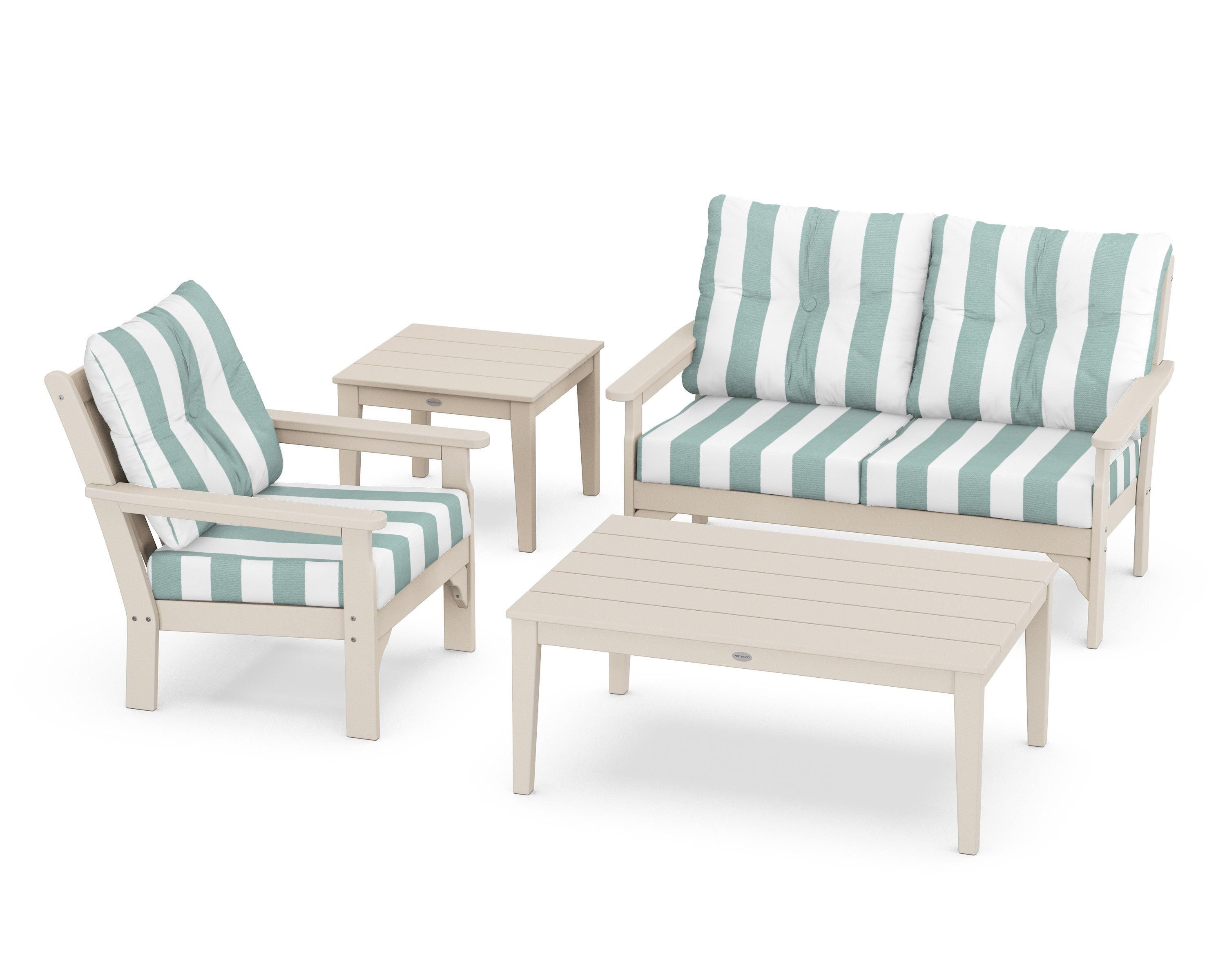 POLYWOOD® Vineyard 4-Piece Deep Seating Set in Sand / Cabana Stripe Glacier Spa