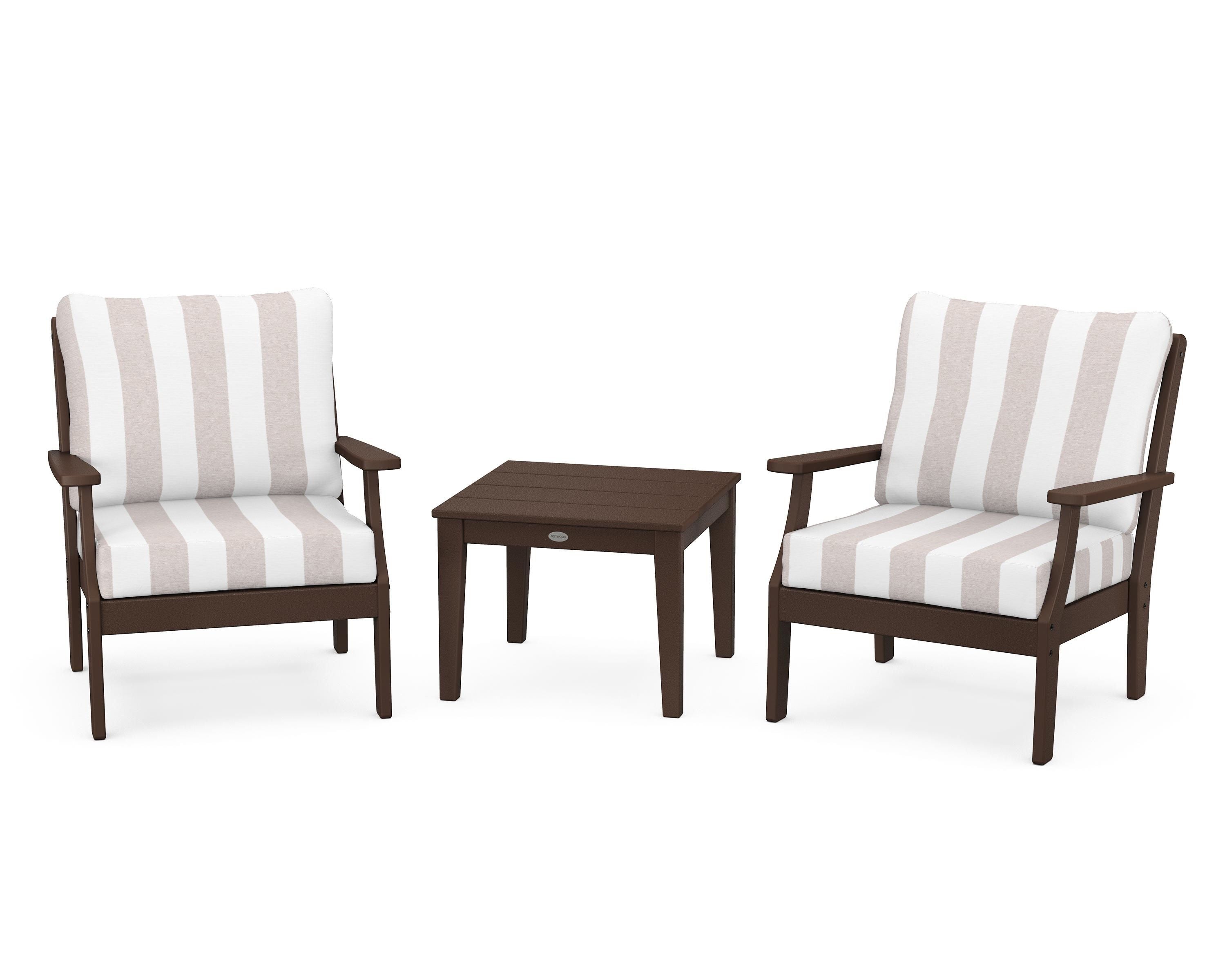 POLYWOOD® Braxton 3-Piece Deep Seating Set in Mahogany / Cabana Stripe Dune Burlap