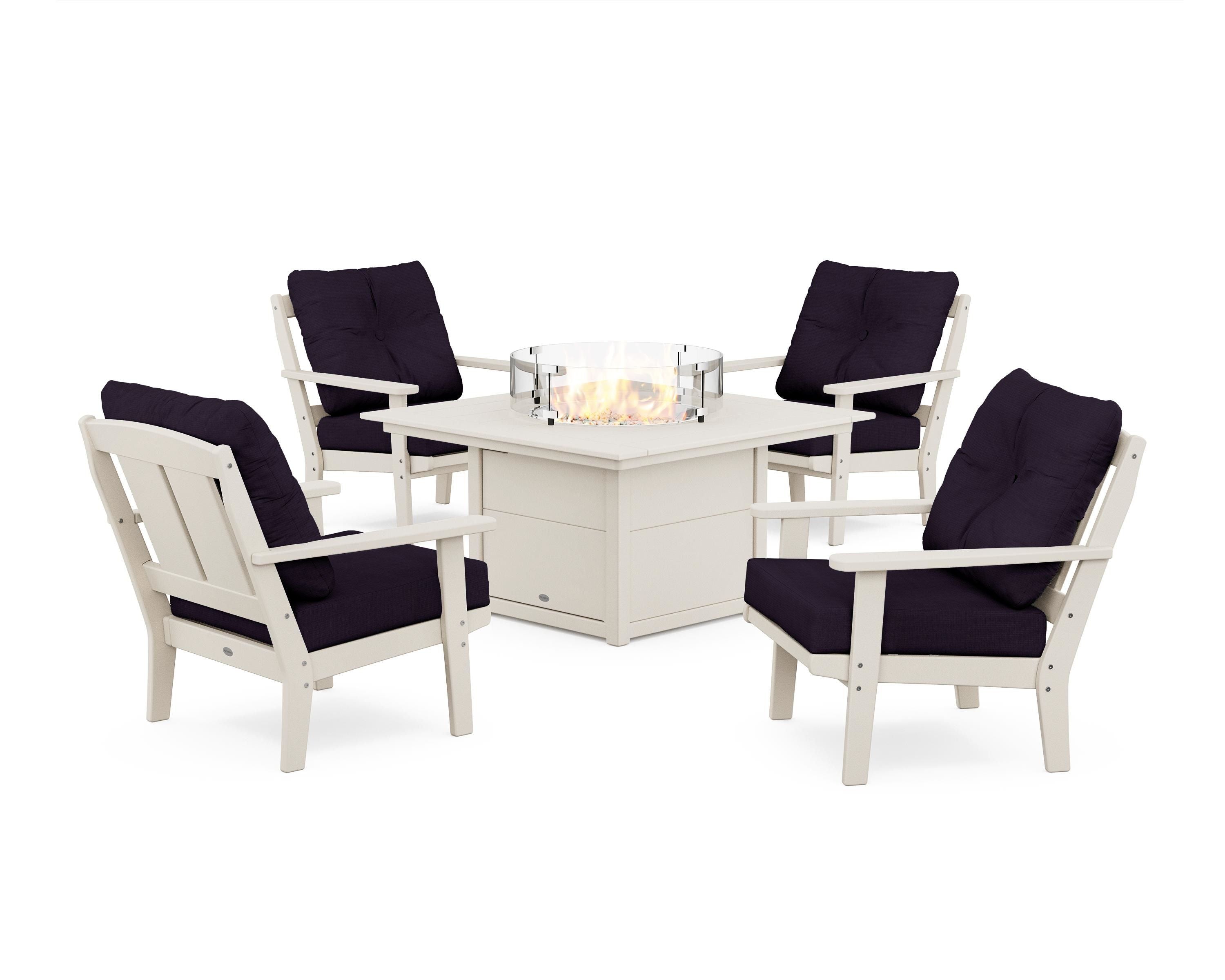 POLYWOOD® Mission 5-Piece Deep Seating Set with Fire Pit Table in Sand / Navy Linen