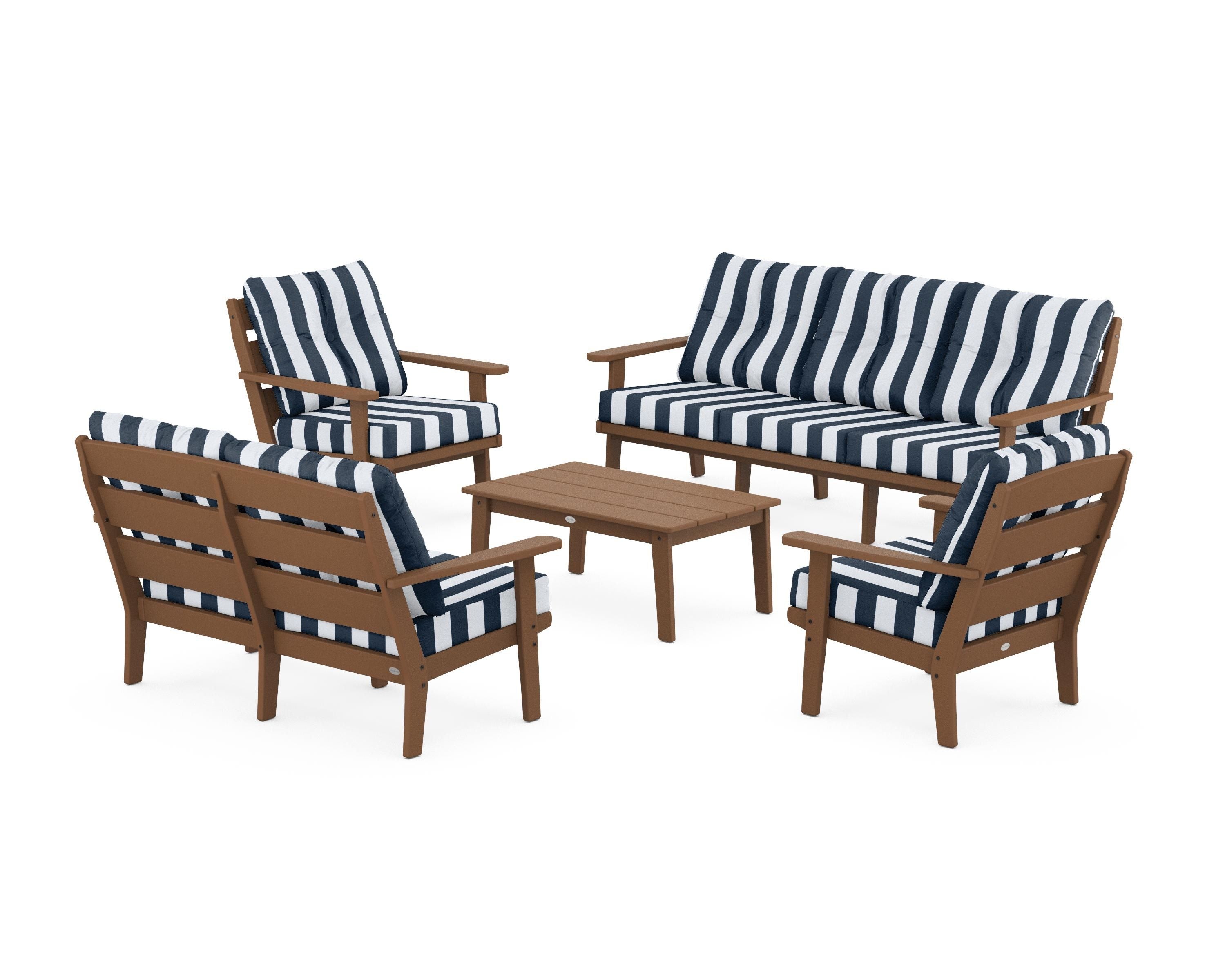 POLYWOOD® Lakeside 5-Piece Lounge Sofa Set in Teak / Cabana Stripe Marine Indigo