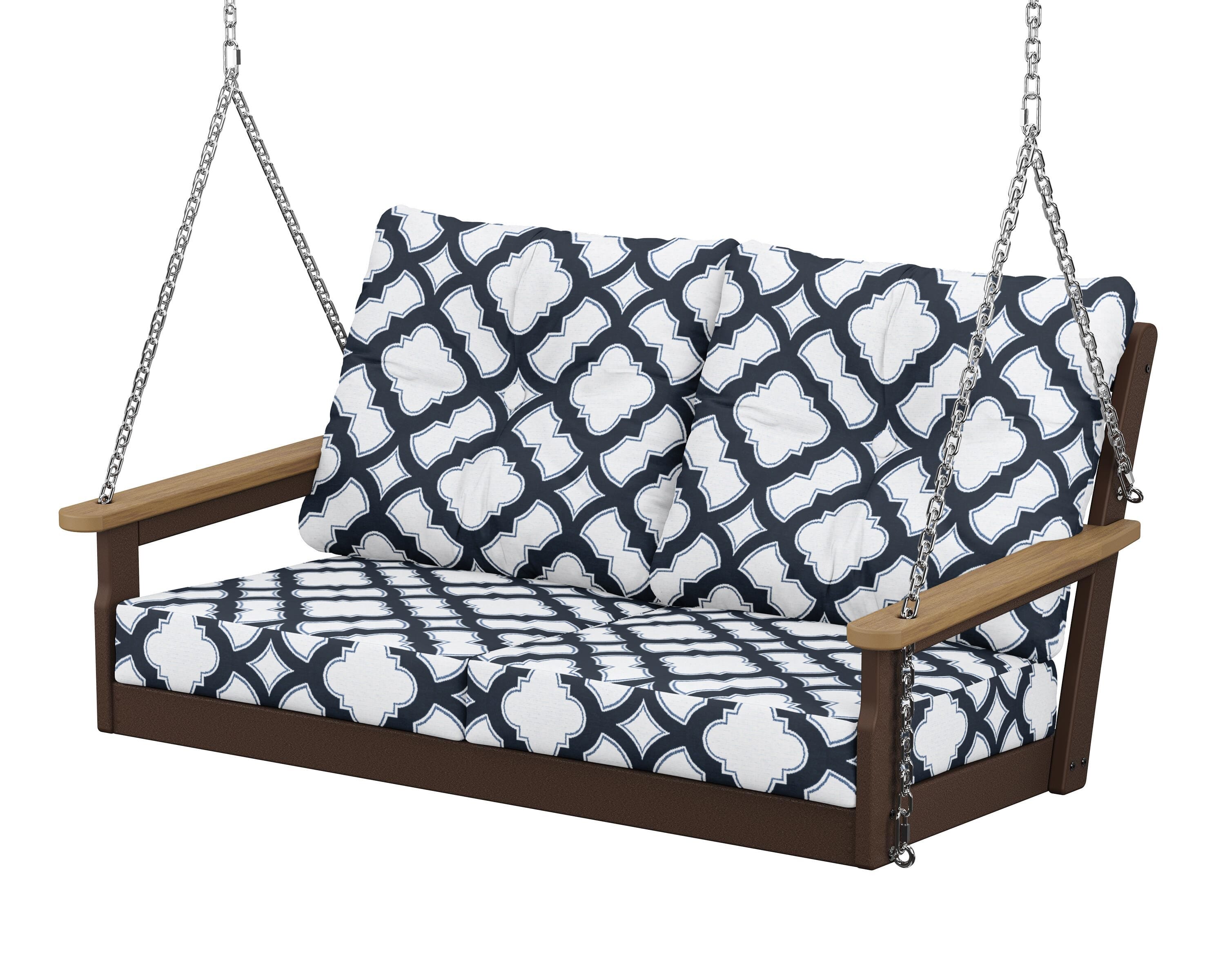 POLYWOOD® Vineyard Deep Seating Swing in Mahogany / Natural / Trellis Marine Indigo