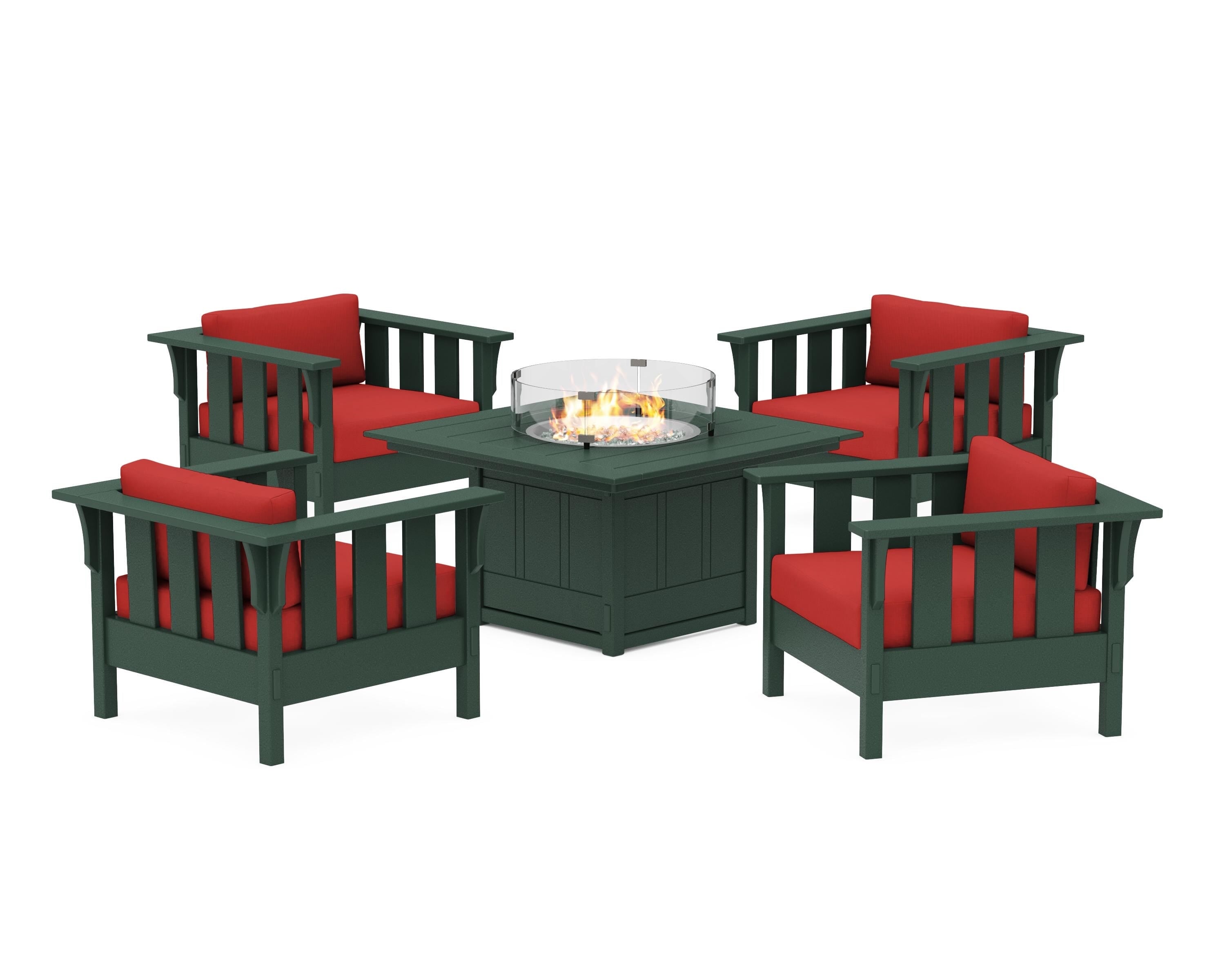 Martha Stewart by POLYWOOD® Acadia 5-Piece Deep Seating Set with Fire Pit Table in Green / Crimson Linen