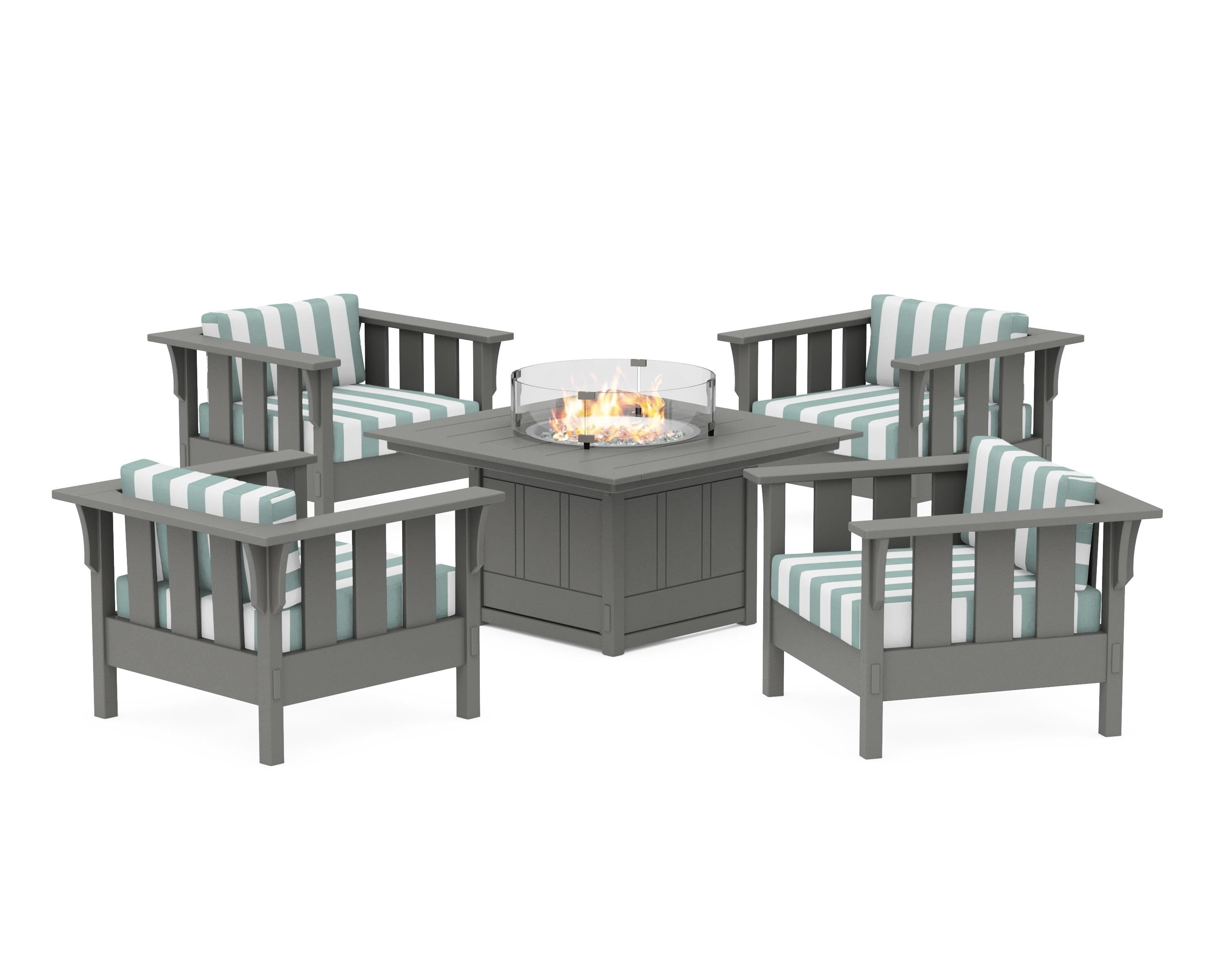 Martha Stewart by POLYWOOD® Acadia 5-Piece Deep Seating Set with Fire Pit Table in Slate Grey / Cabana Stripe Glacier Spa