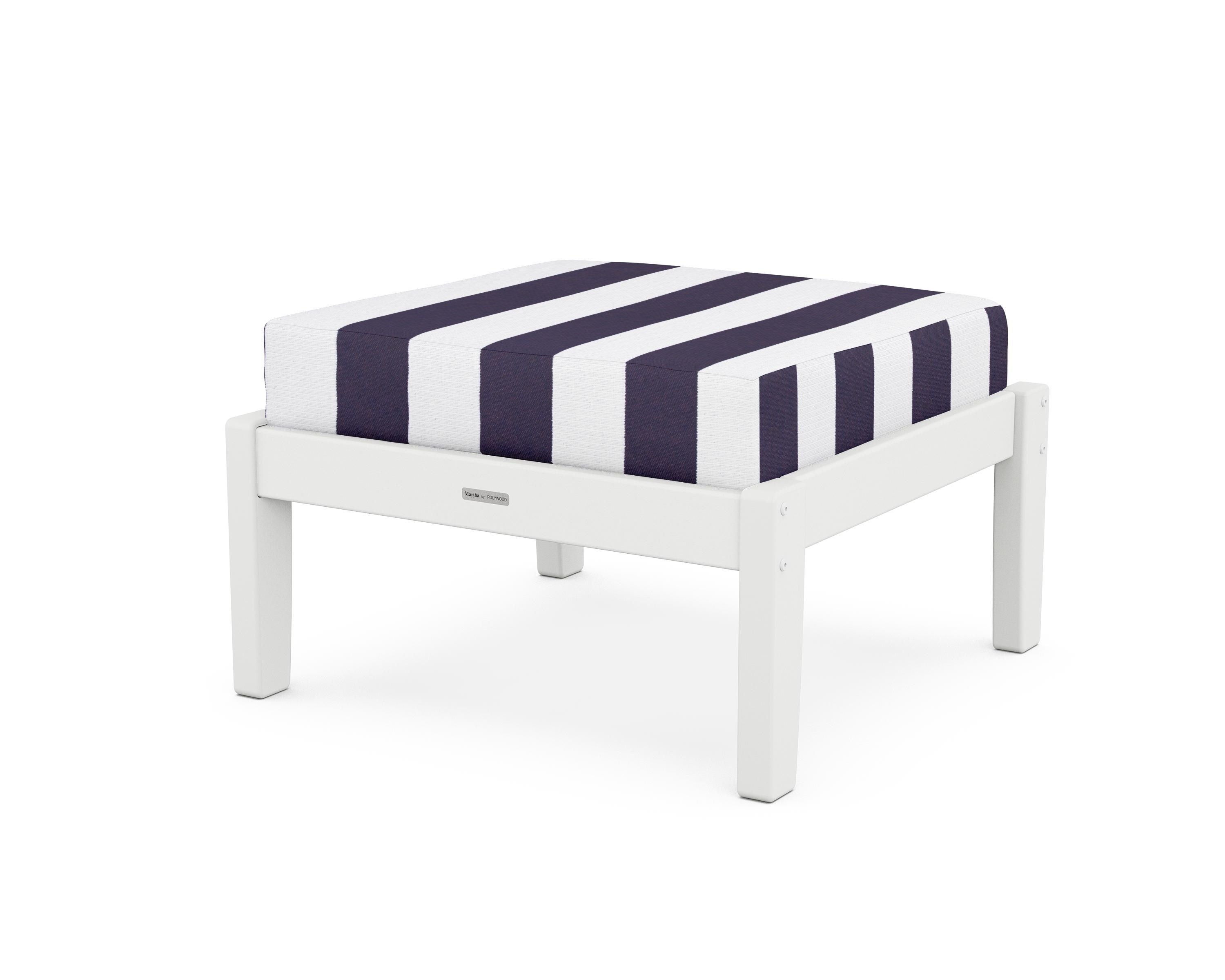 Martha Stewart by POLYWOOD® Chinoiserie Deep Seating Ottoman in White / Cabana Stripe Navy