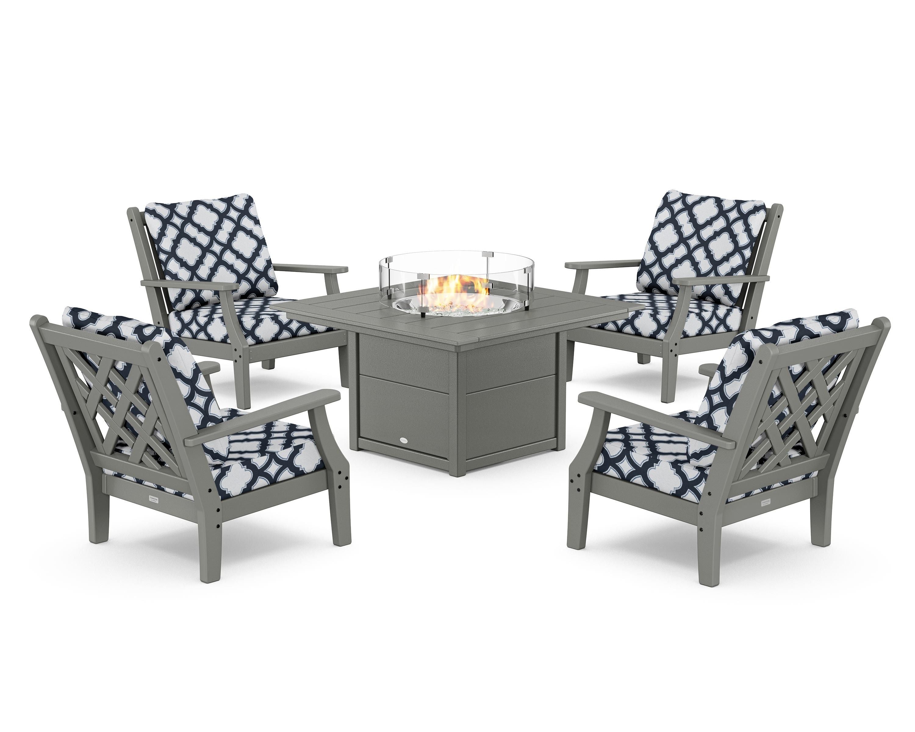 Country Living Wovendale 5-Piece Deep Seating Set with Fire Pit Table in Slate Grey / Trellis Marine Indigo