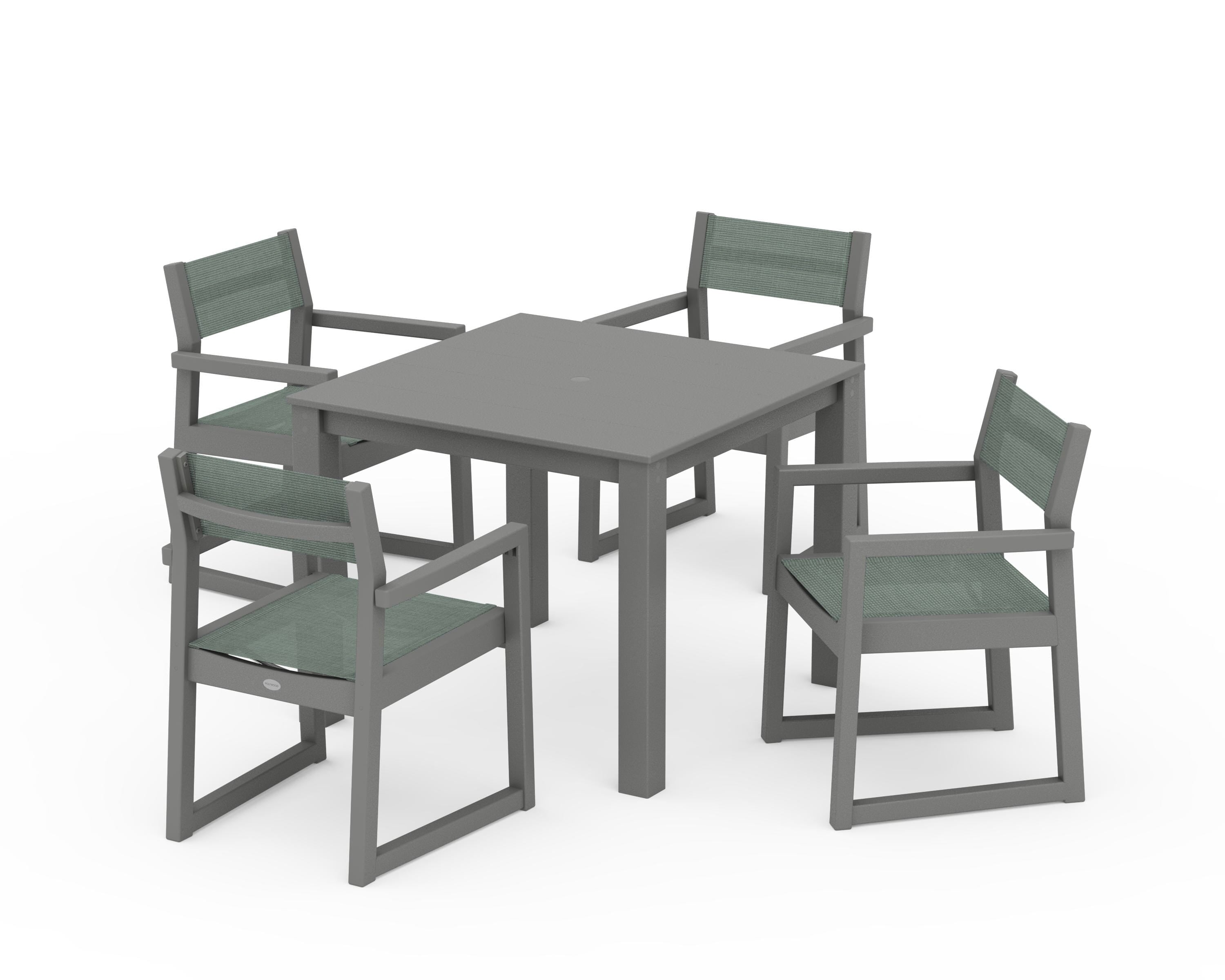 POLYWOOD® EDGE Sling Arm Chair 5-Piece Parsons Dining Set in Slate Grey / Dupioni Sea Mist Sling