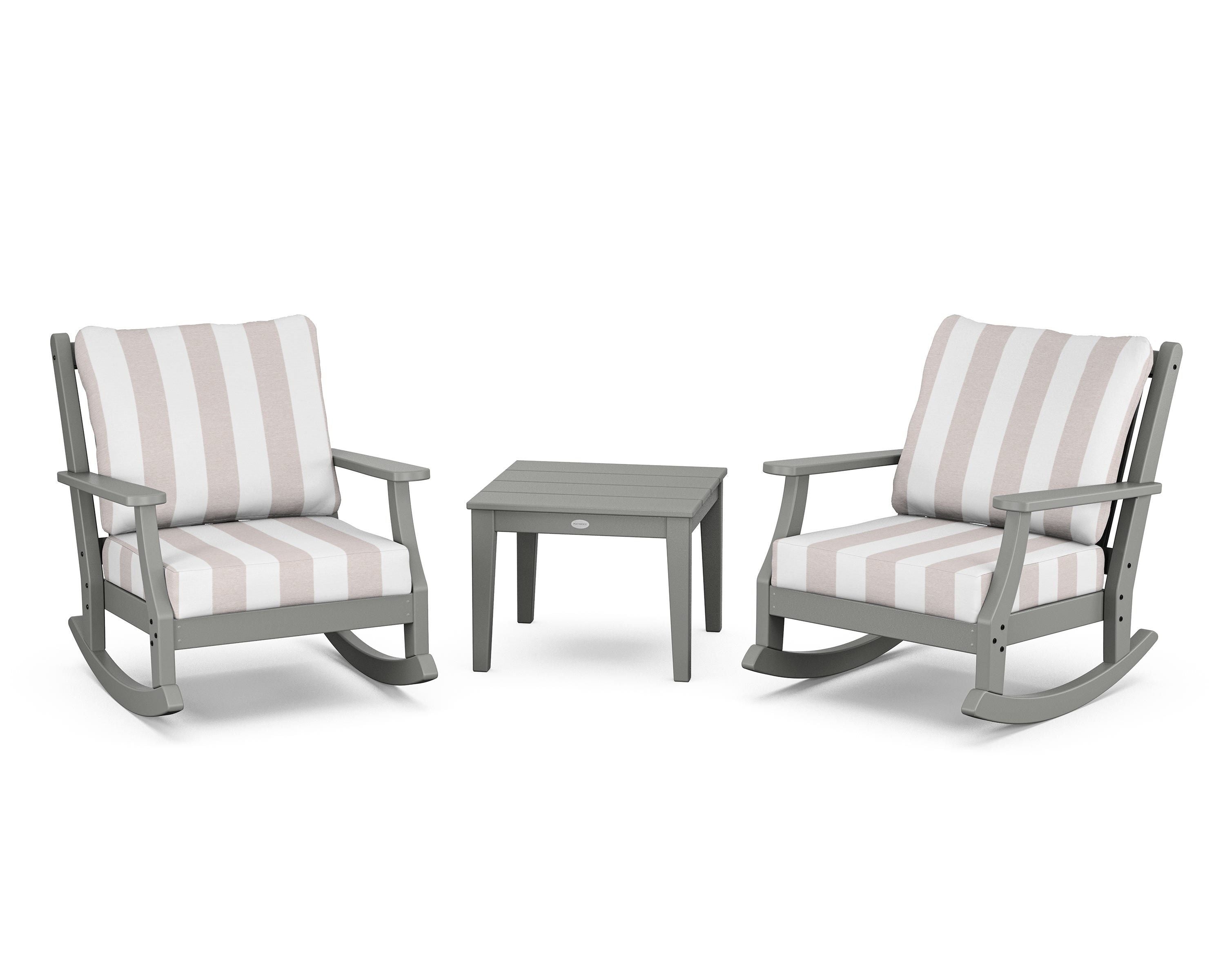 Country Living Wovendale 3-Piece Deep Seating Rocker Set in Slate Grey / Cabana Stripe Dune Burlap