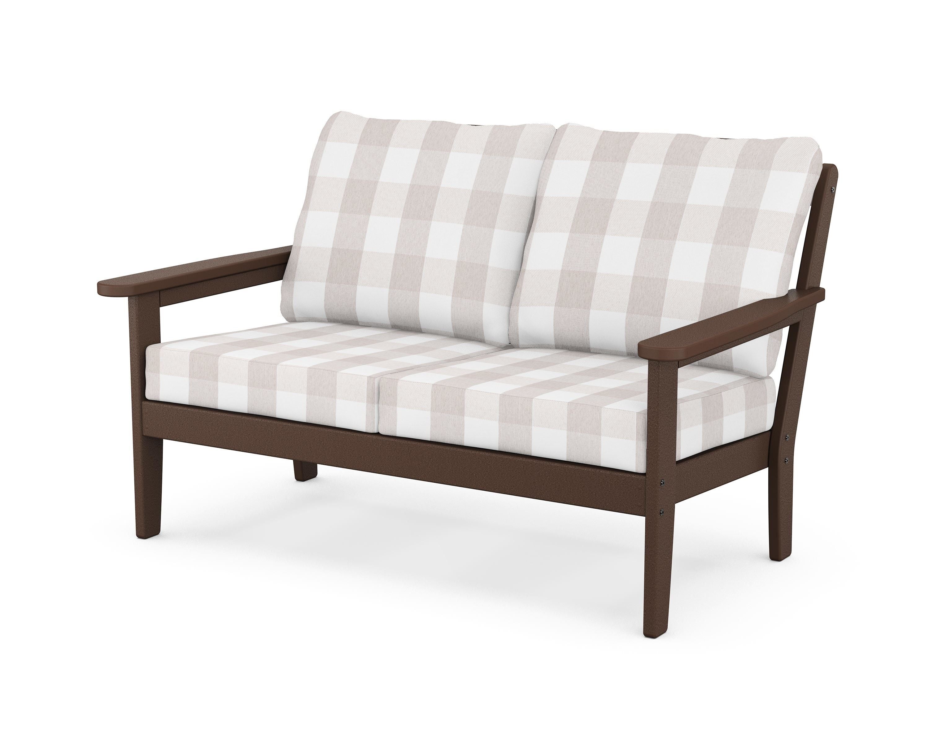 Country Living Cottage Deep Seating Loveseat in Mahogany / Buffalo Plaid Dune Burlap