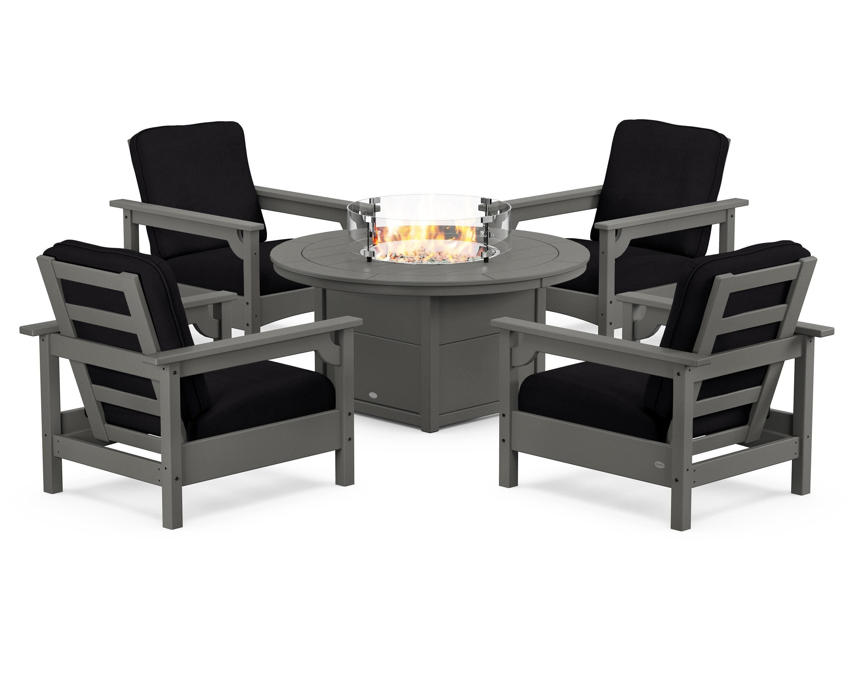 POLYWOOD® Club 5-Piece Conversation Set with Fire Pit Table in Slate Grey / Midnight Linen