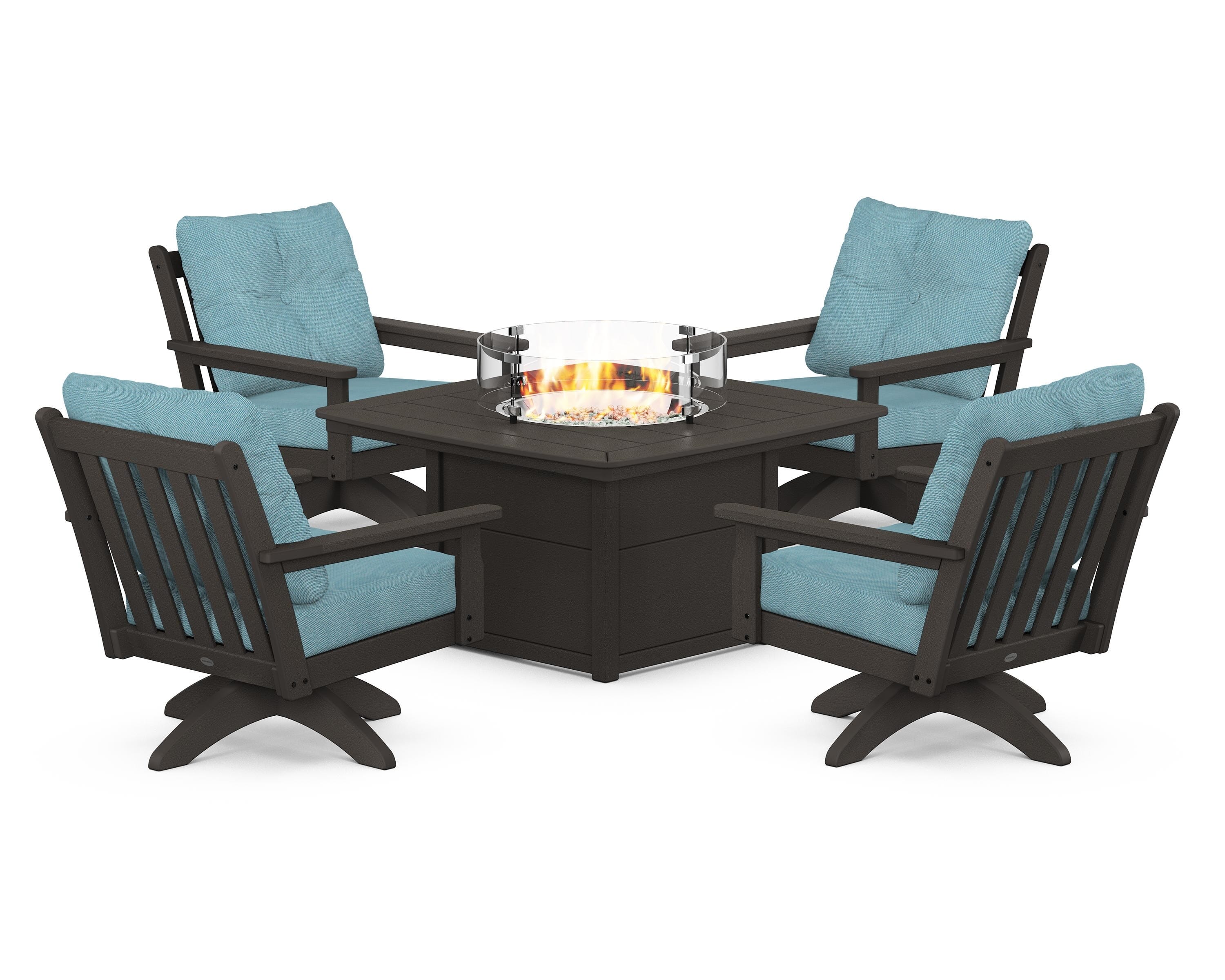 POLYWOOD® Vineyard 5-Piece Deep Seating Swivel Conversation Set with Fire Pit Table in Vintage Coffee / Lattice Sky Blue