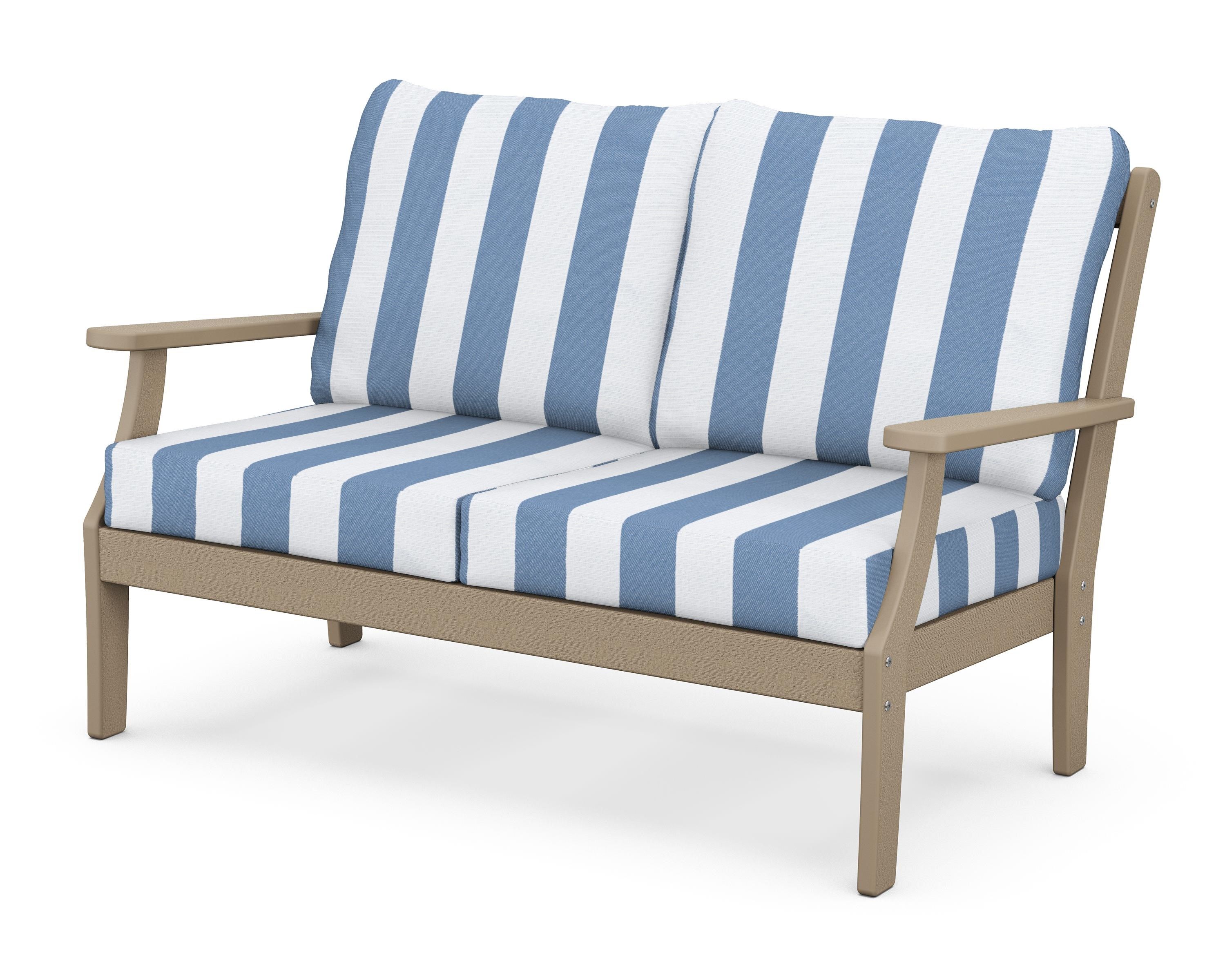 POLYWOOD® Braxton Deep Seating Loveseat in Vintage Sahara / Cabana Stripe Sky Blue