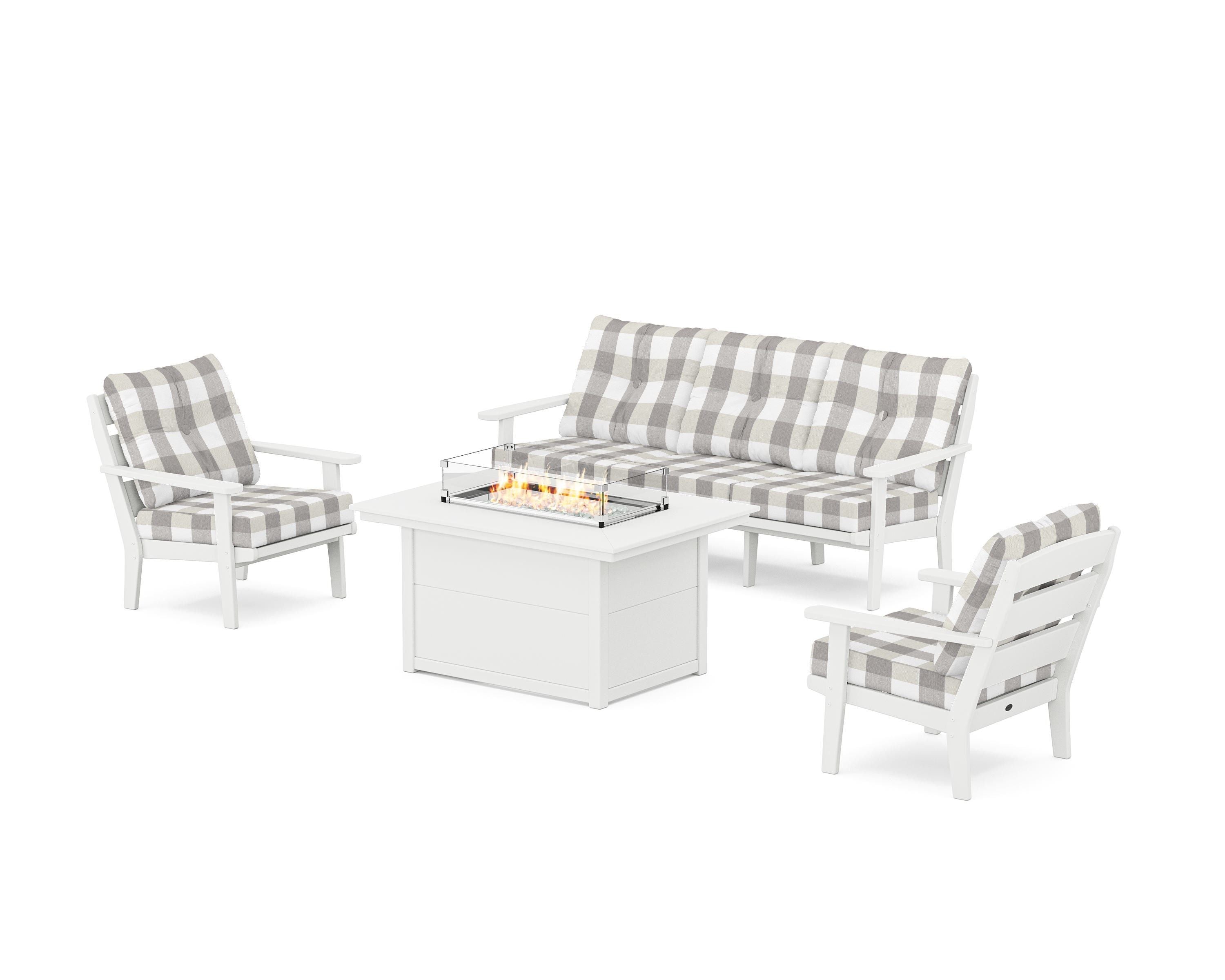 POLYWOOD® Lakeside Deep Seating Fire Pit Table Set in White / Buffalo Plaid Grey Mist