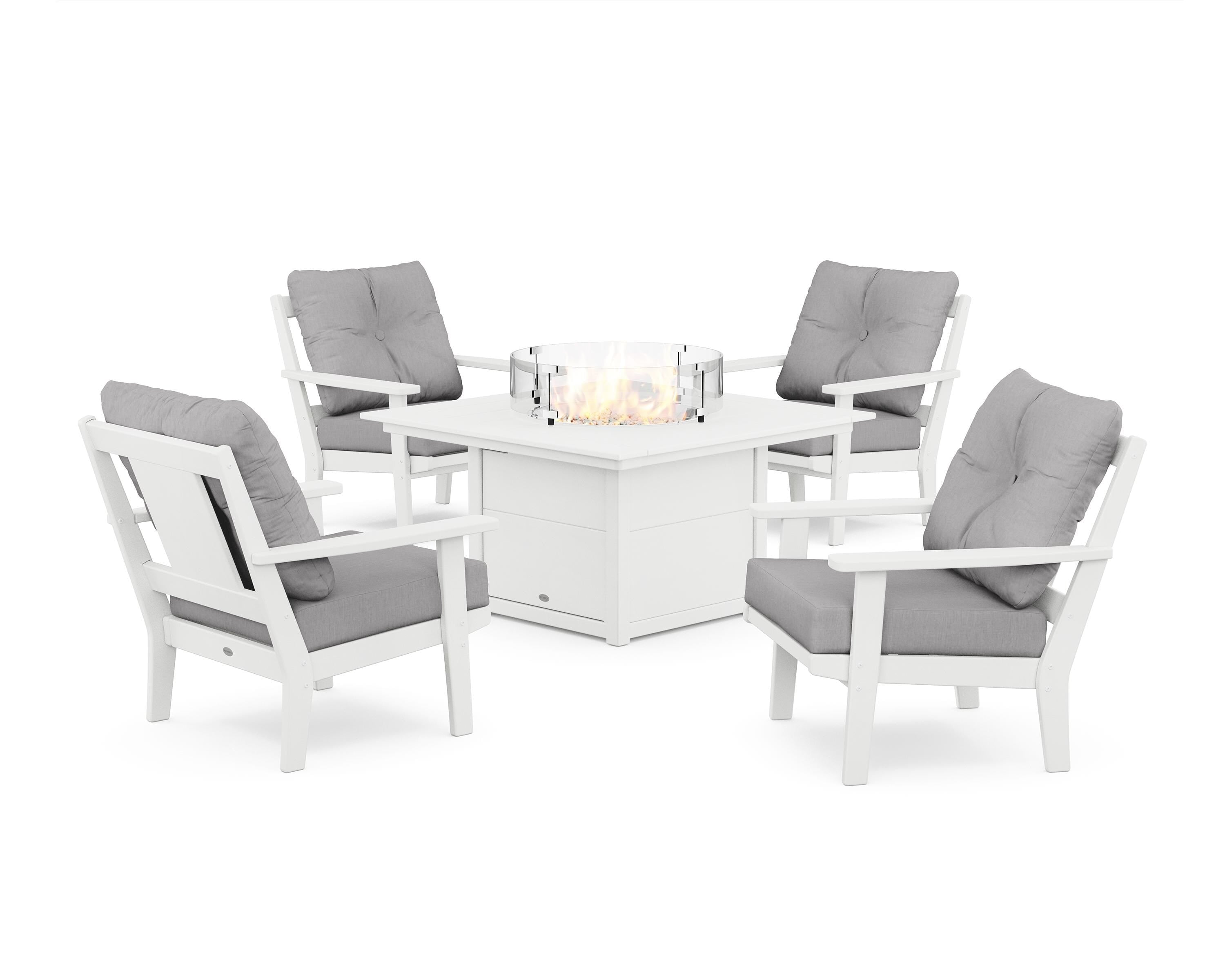 POLYWOOD® Prairie 5-Piece Deep Seating Set with Fire Pit Table in White / Granite
