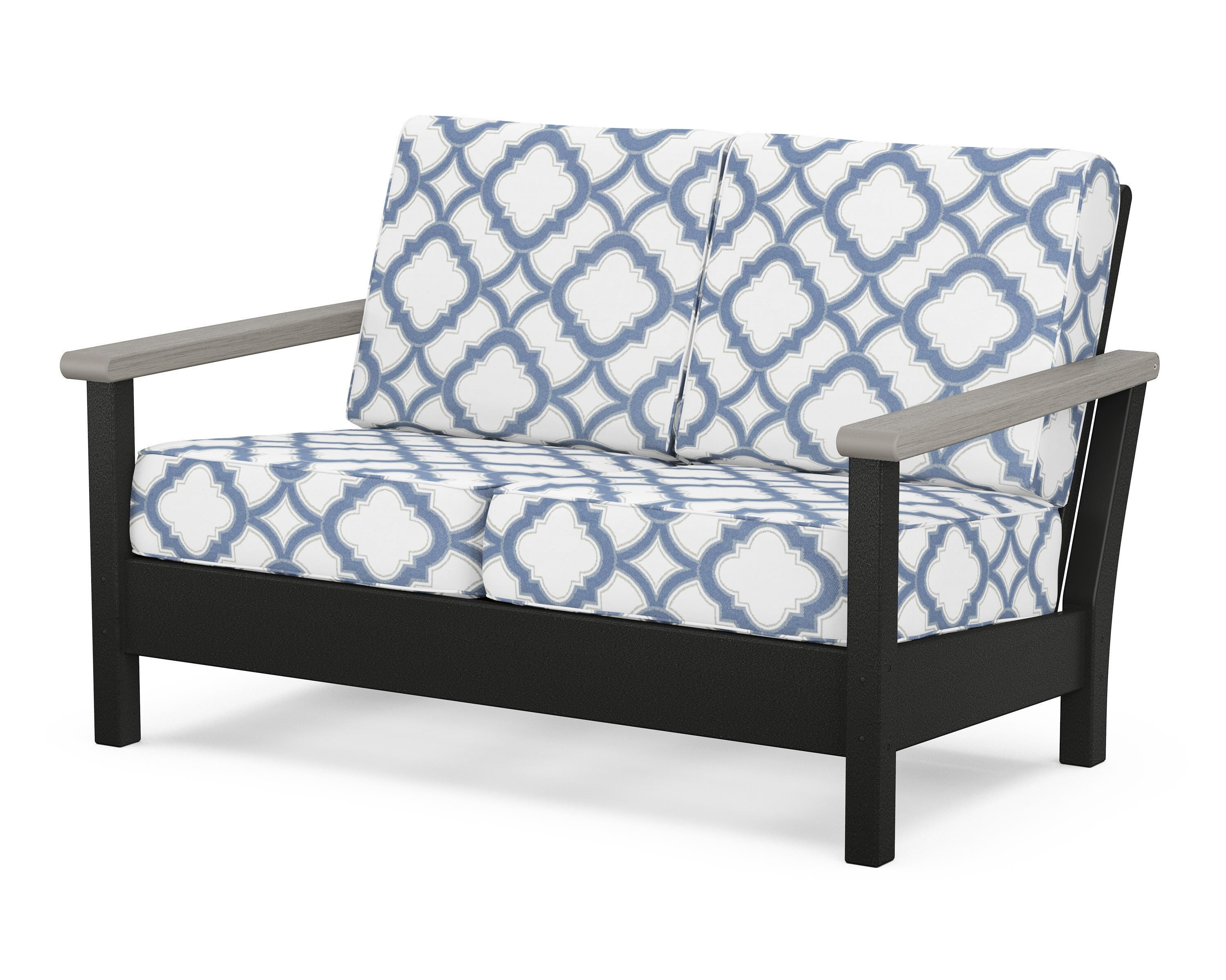 POLYWOOD® Harbour Deep Seating Loveseat in Black / Driftwood / Trellis Sky Blue
