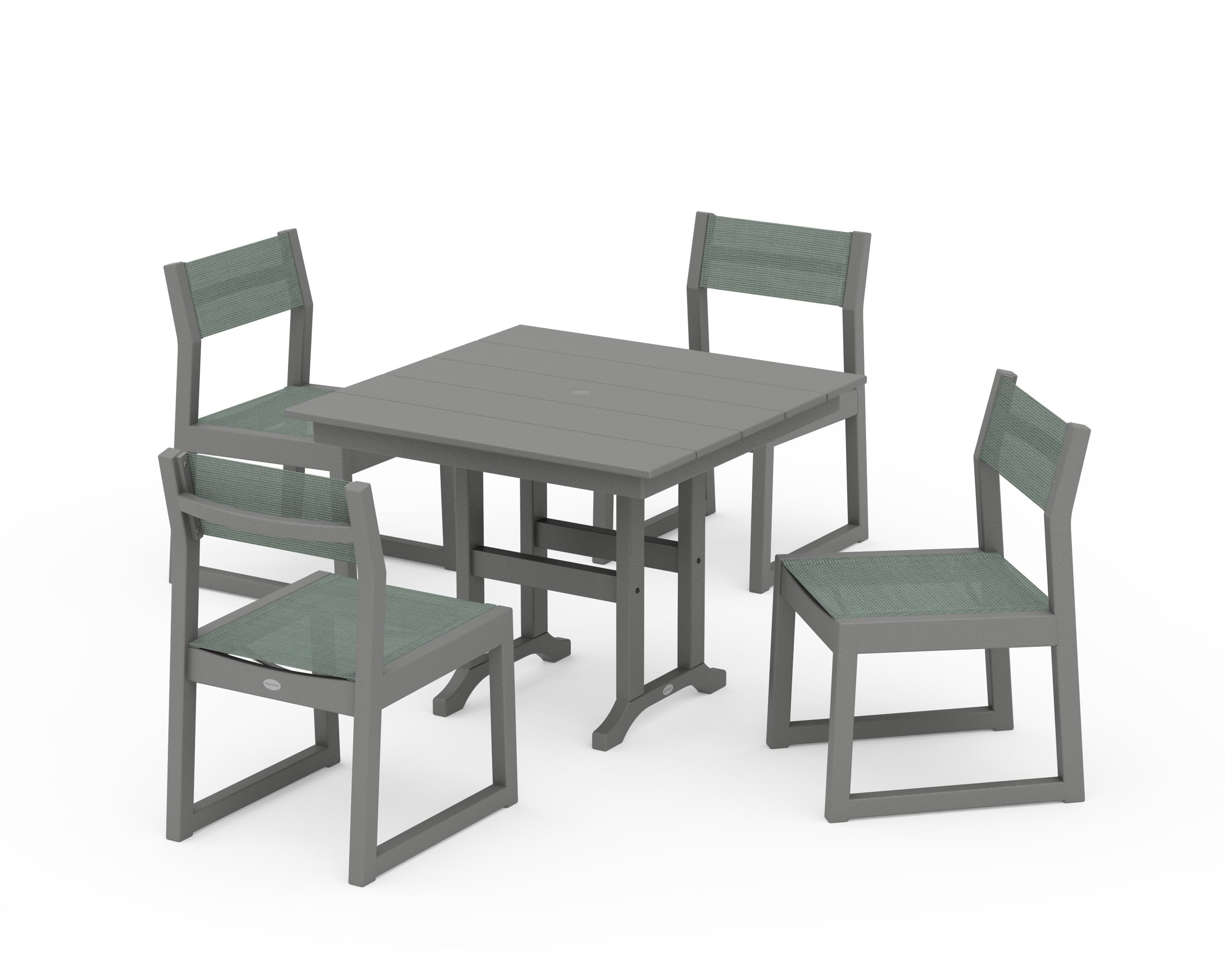 POLYWOOD® EDGE Sling Side Chair 5-Piece Farmhouse Dining Set in Slate Grey / Dupioni Sea Mist Sling