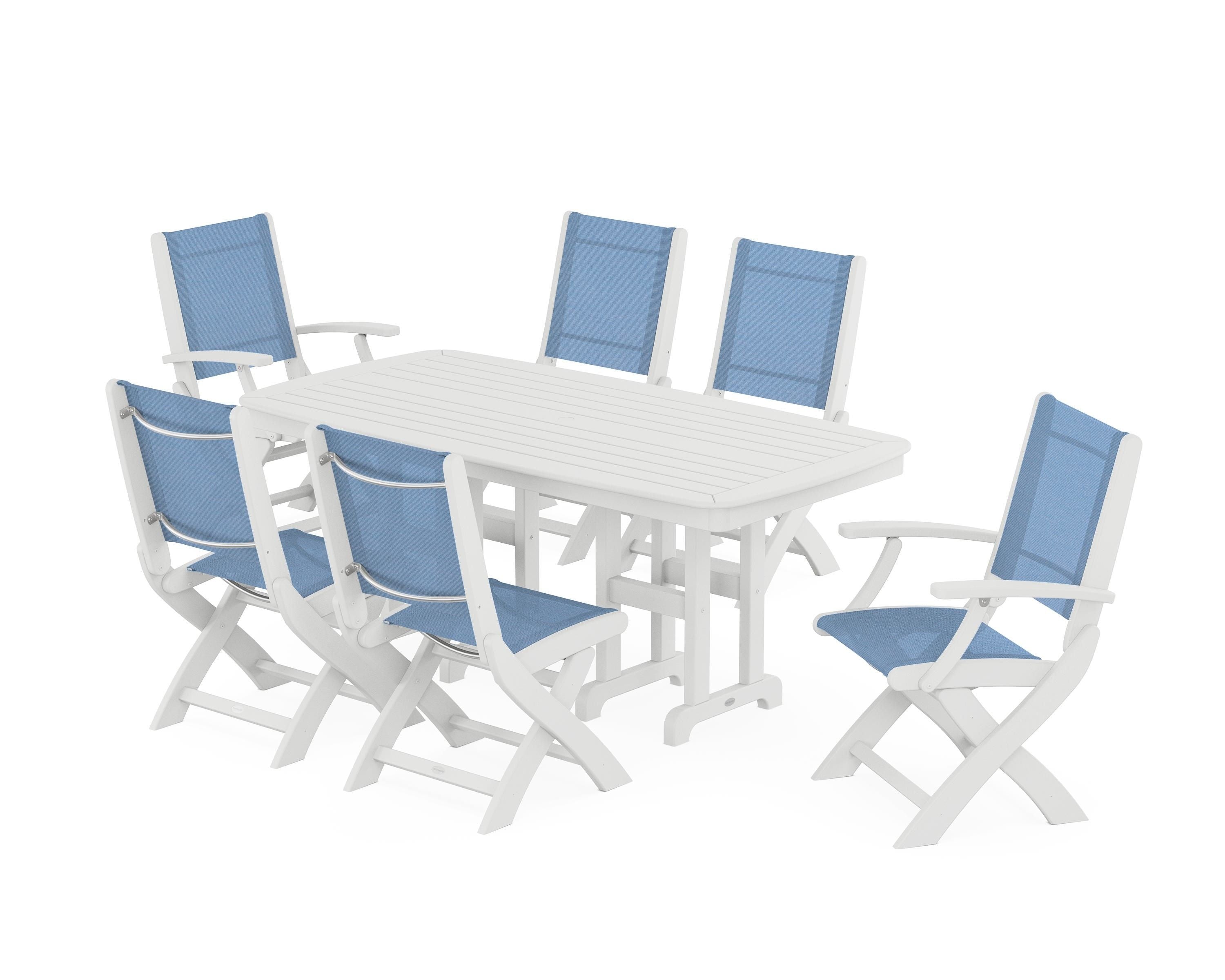 POLYWOOD® Coastal Folding Chair 7-Piece Dining Set in White / Poolside Sling