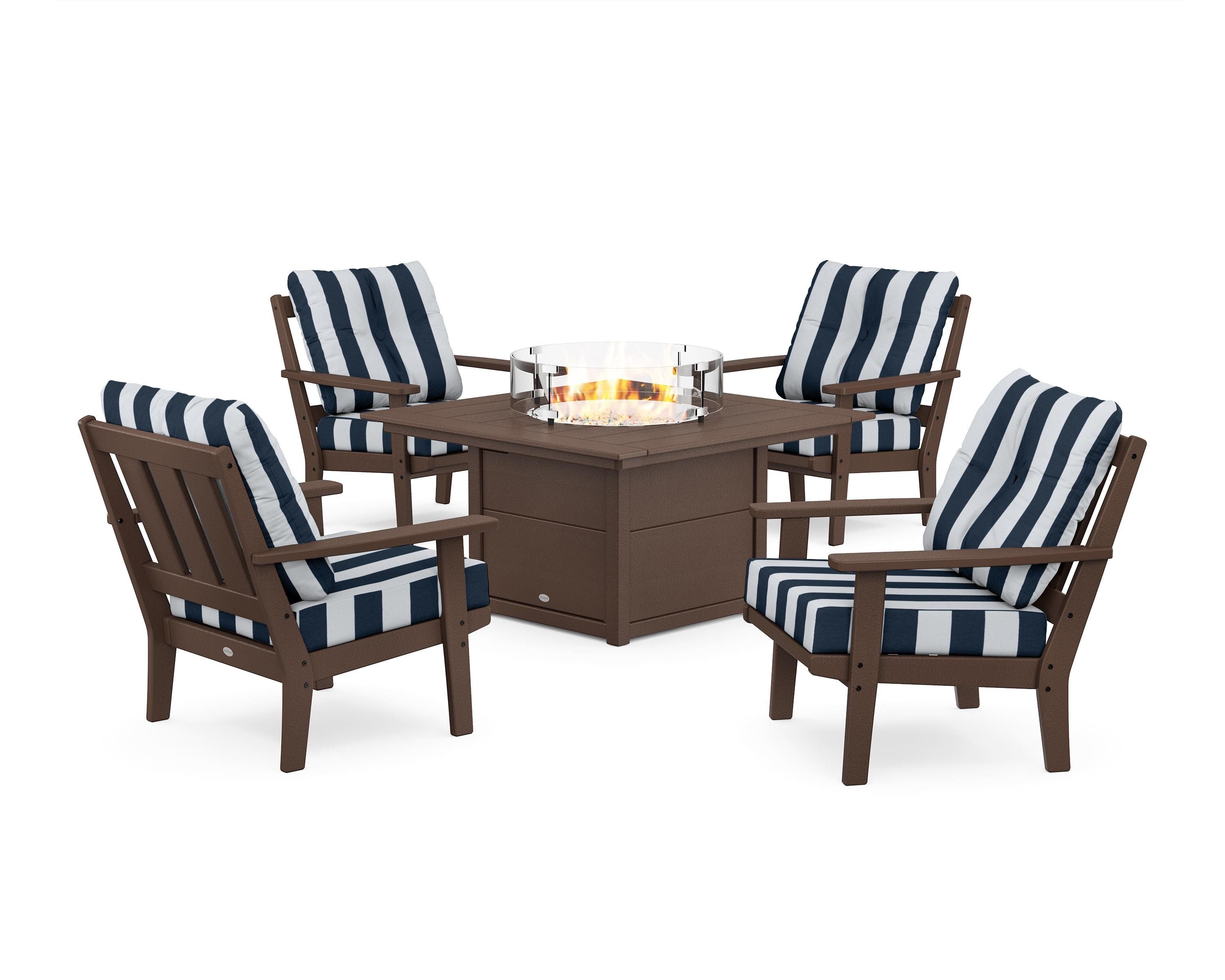 POLYWOOD® Oxford 5-Piece Deep Seating Set with Fire Pit Table in Mahogany / Cabana Stripe Marine Indigo