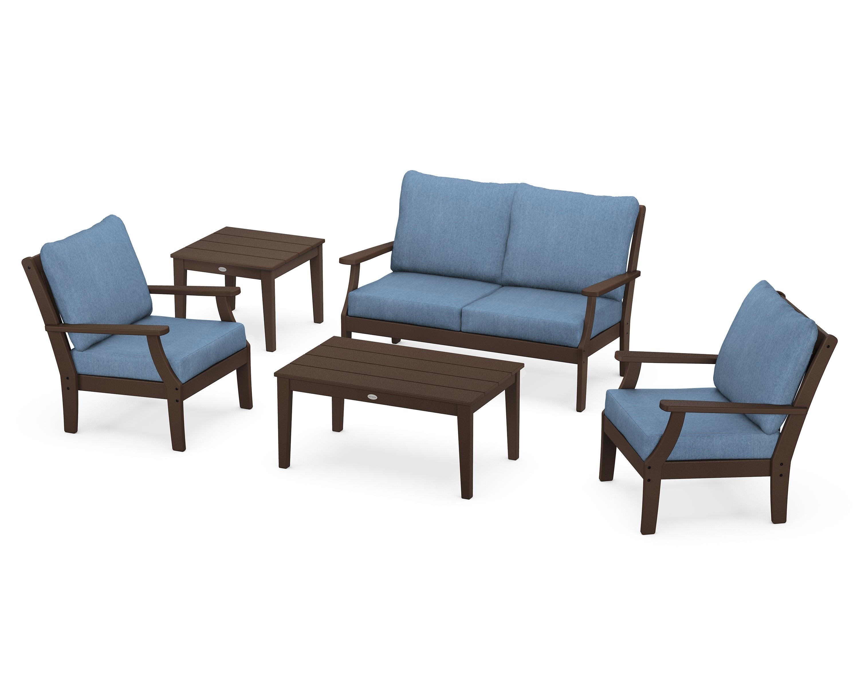 POLYWOOD® Braxton 5-Piece Deep Seating Set in Mahogany / Sky Blue