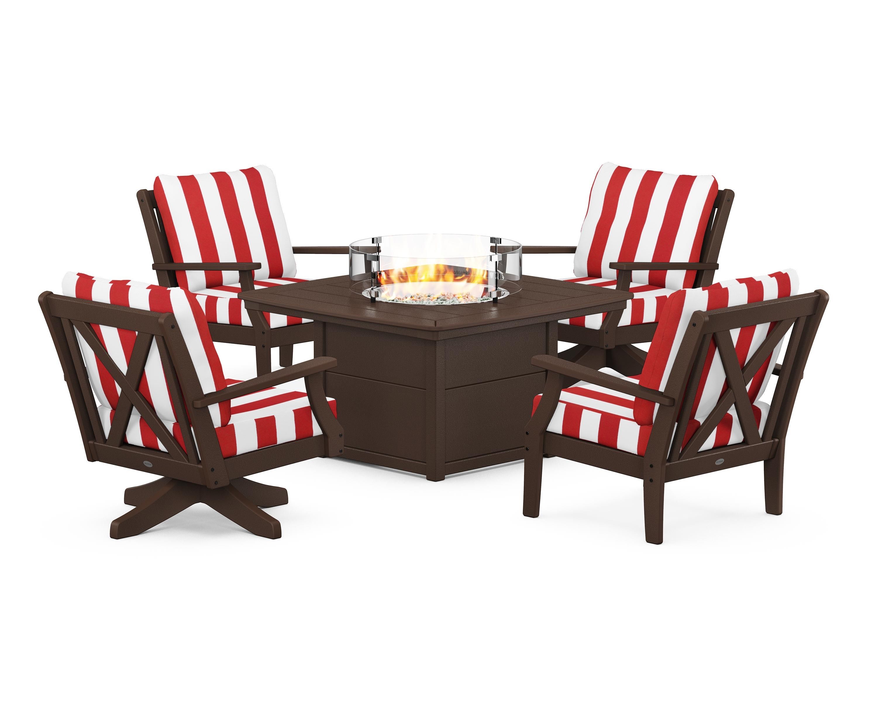 POLYWOOD® Braxton 5-Piece Deep Seating Set with Fire Table in Mahogany / Cabana Stripe Crimson