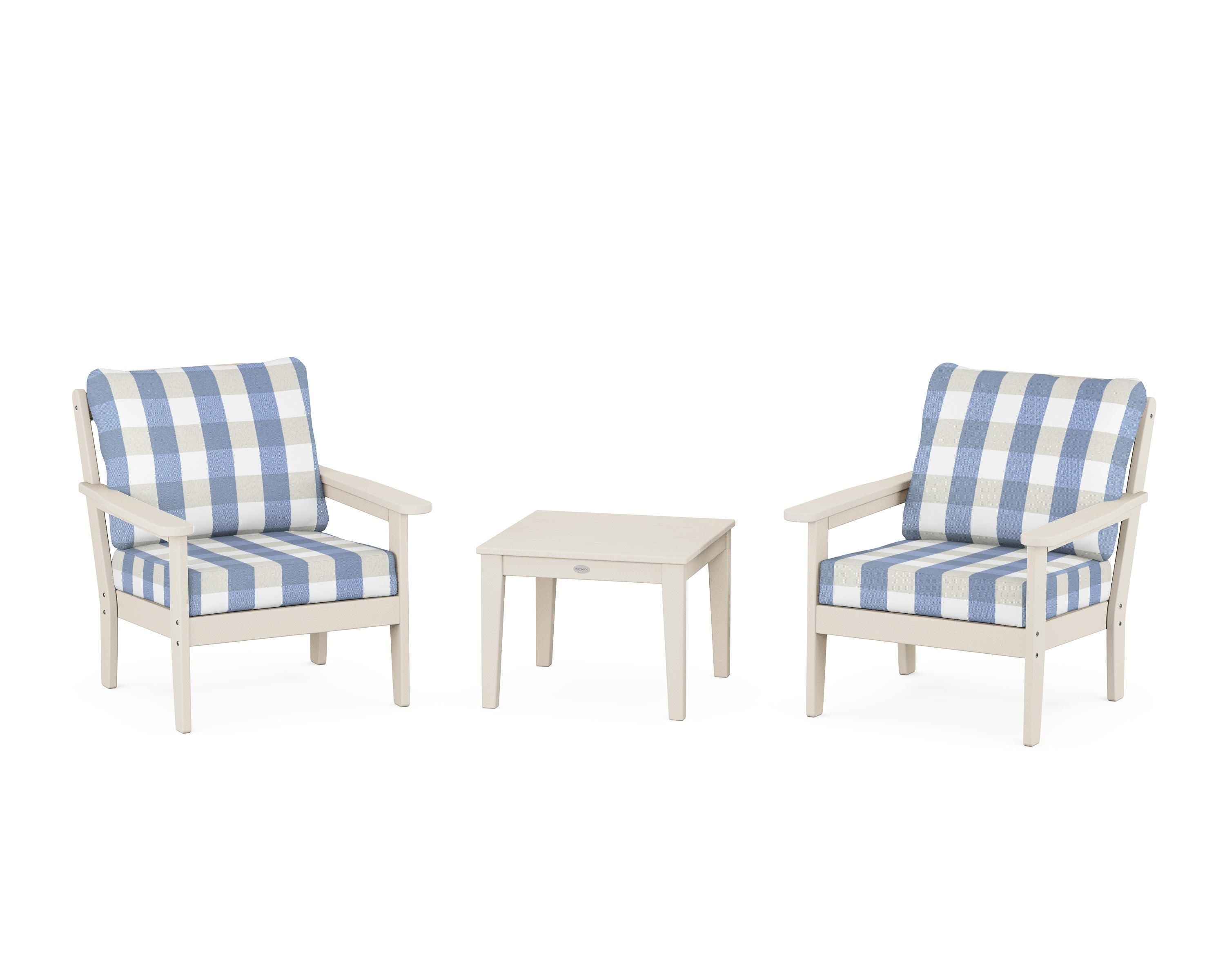 Country Living Cottage 3-Piece Deep Seating Set in Sand / Buffalo Plaid Sky Blue