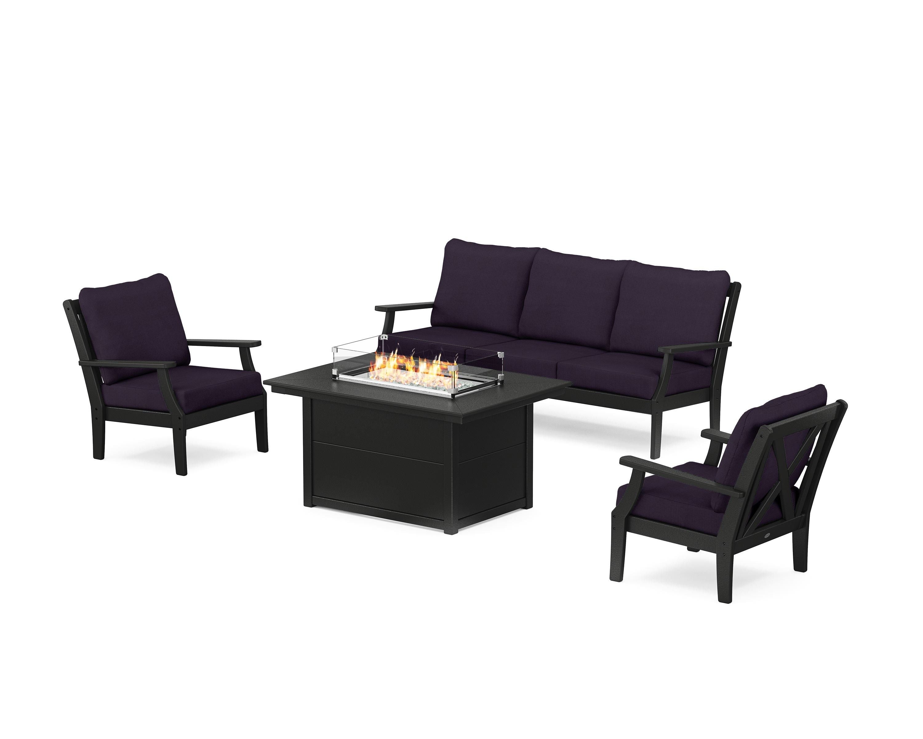 POLYWOOD® Braxton Deep Seating Fire Pit Table Set in Black / Navy Linen