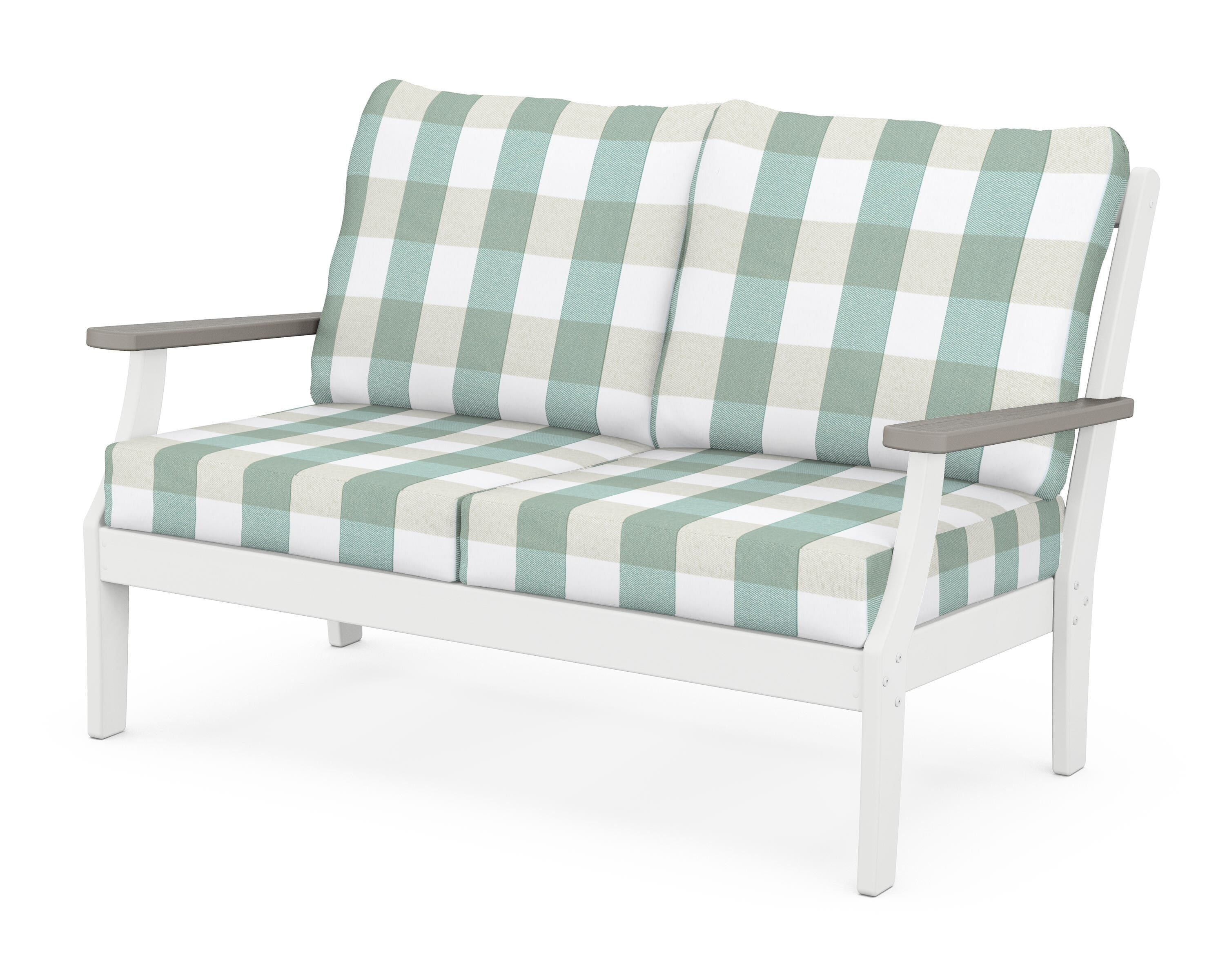 POLYWOOD® Braxton Deep Seating Loveseat in White / Driftwood / Buffalo Plaid Glacier Spa