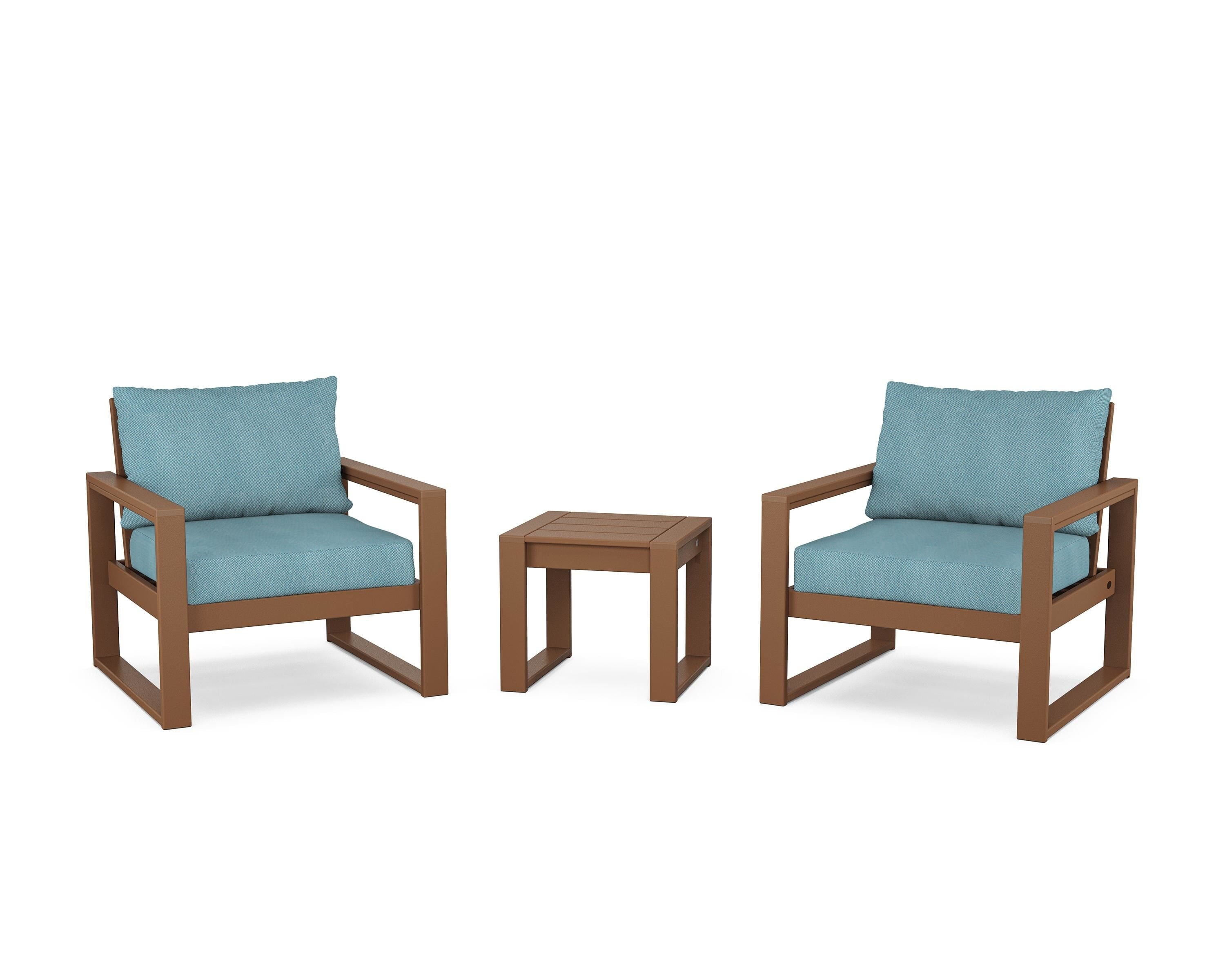 POLYWOOD® EDGE Sectional 3-Piece Deep Seating Set in Teak / Lattice Sky Blue