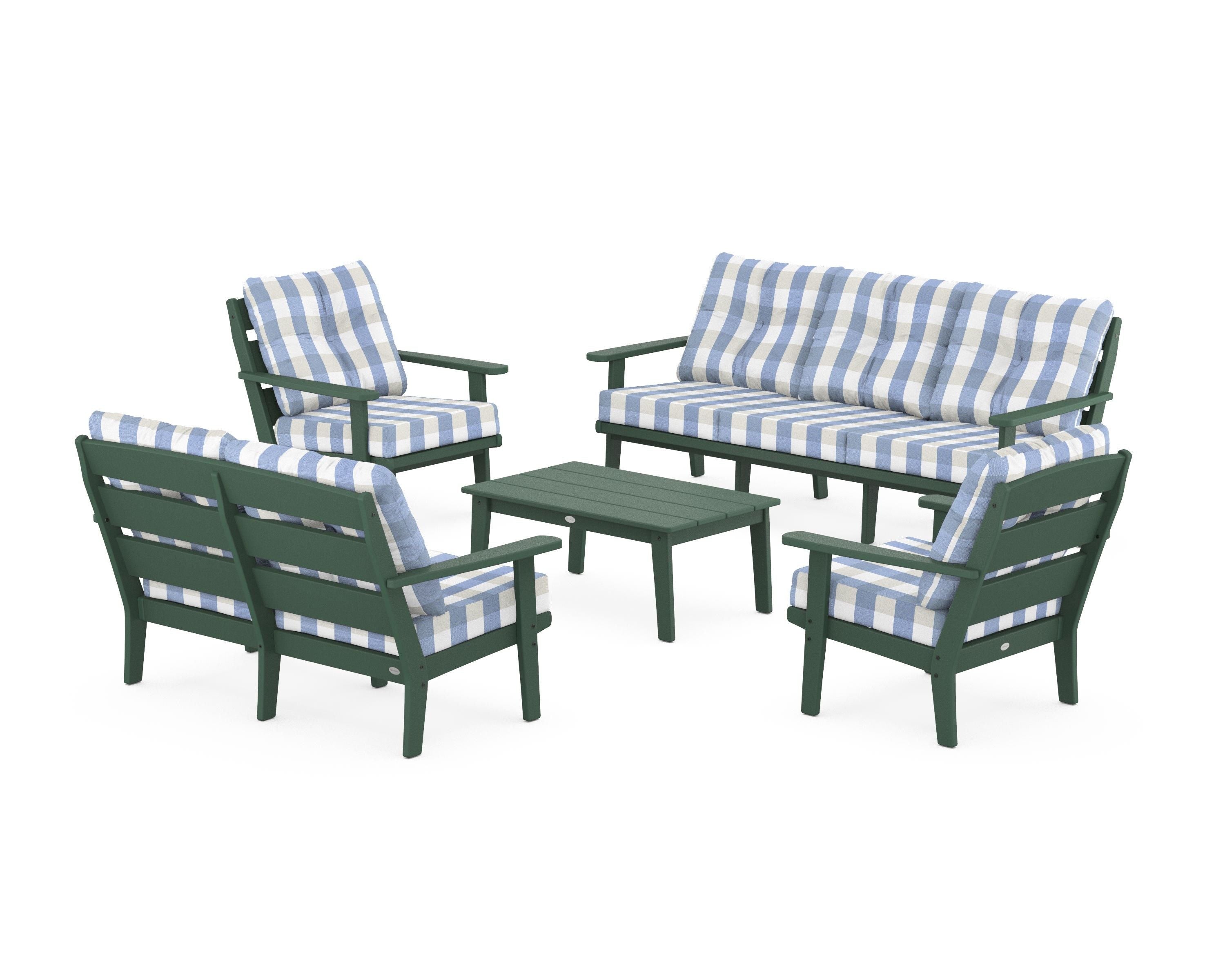 POLYWOOD® Lakeside 5-Piece Lounge Sofa Set in Green / Buffalo Plaid Sky Blue