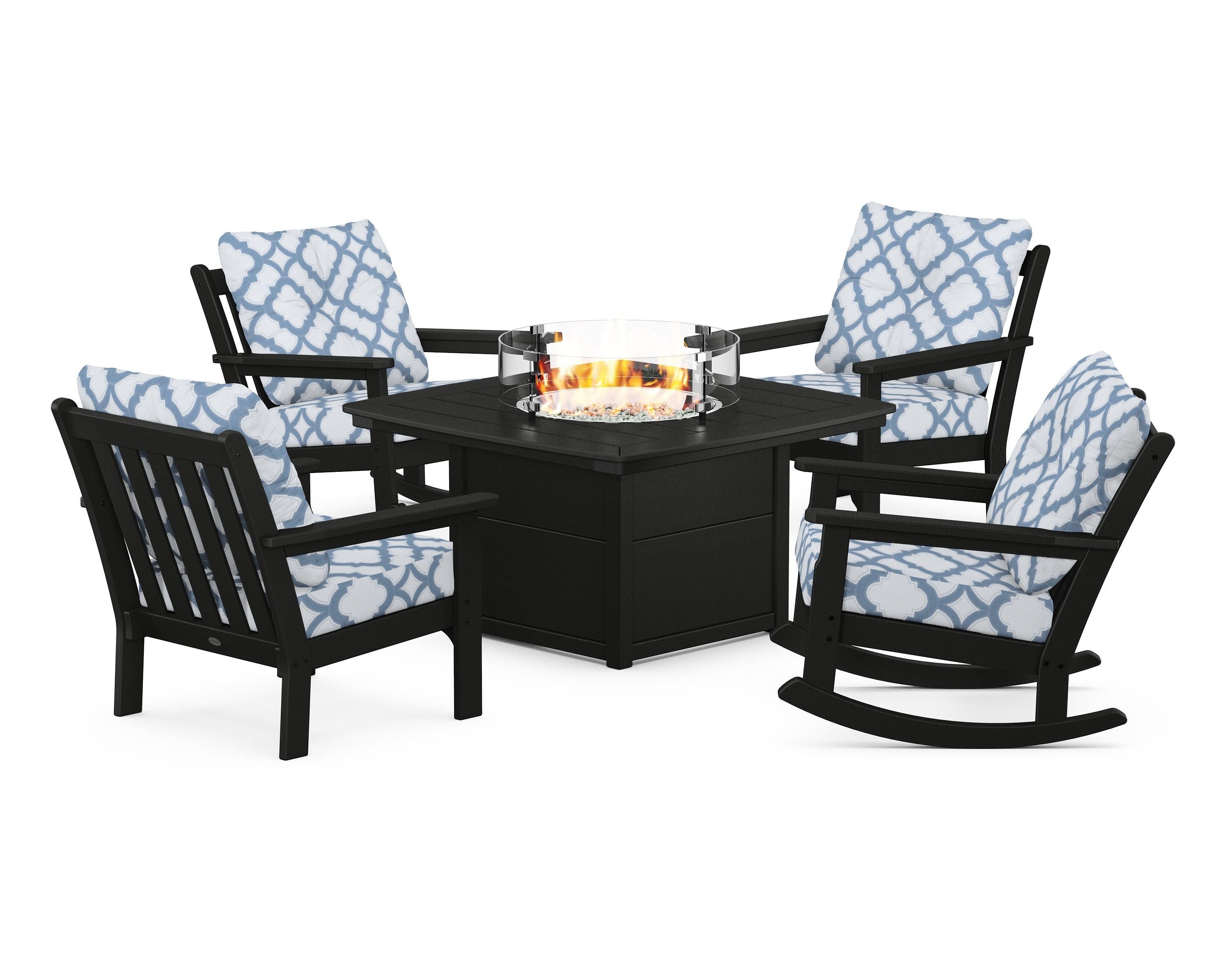 POLYWOOD® Vineyard 5-Piece Deep Seating Rocking Chair Conversation Set with Fire Pit Table in Black / Trellis Sky Blue
