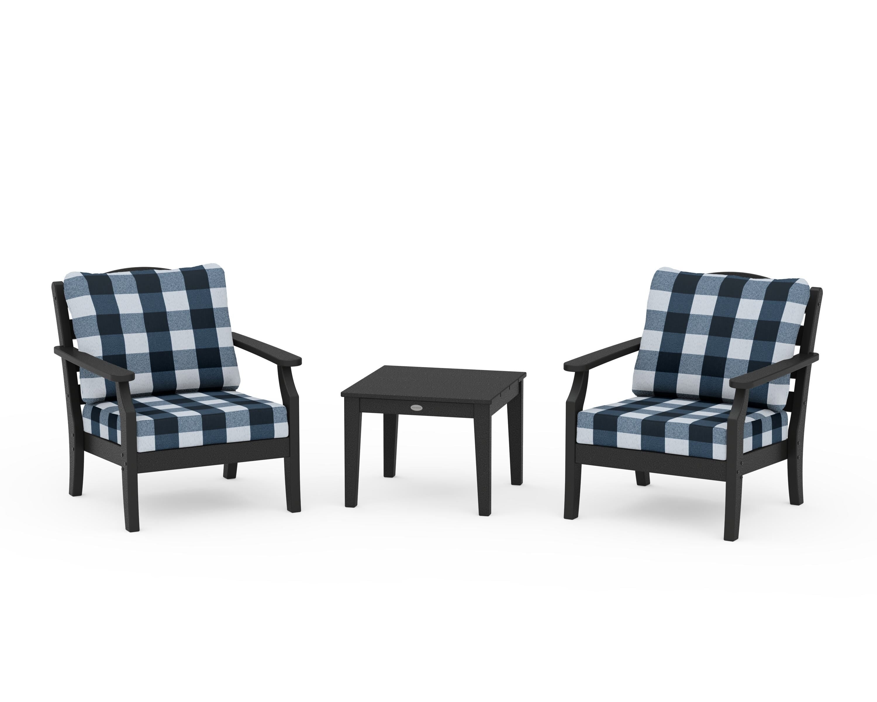 Draper James™ by POLYWOOD® Savannah 3-Piece Deep Seating Set in Black / Buffalo Plaid Marine Indigo