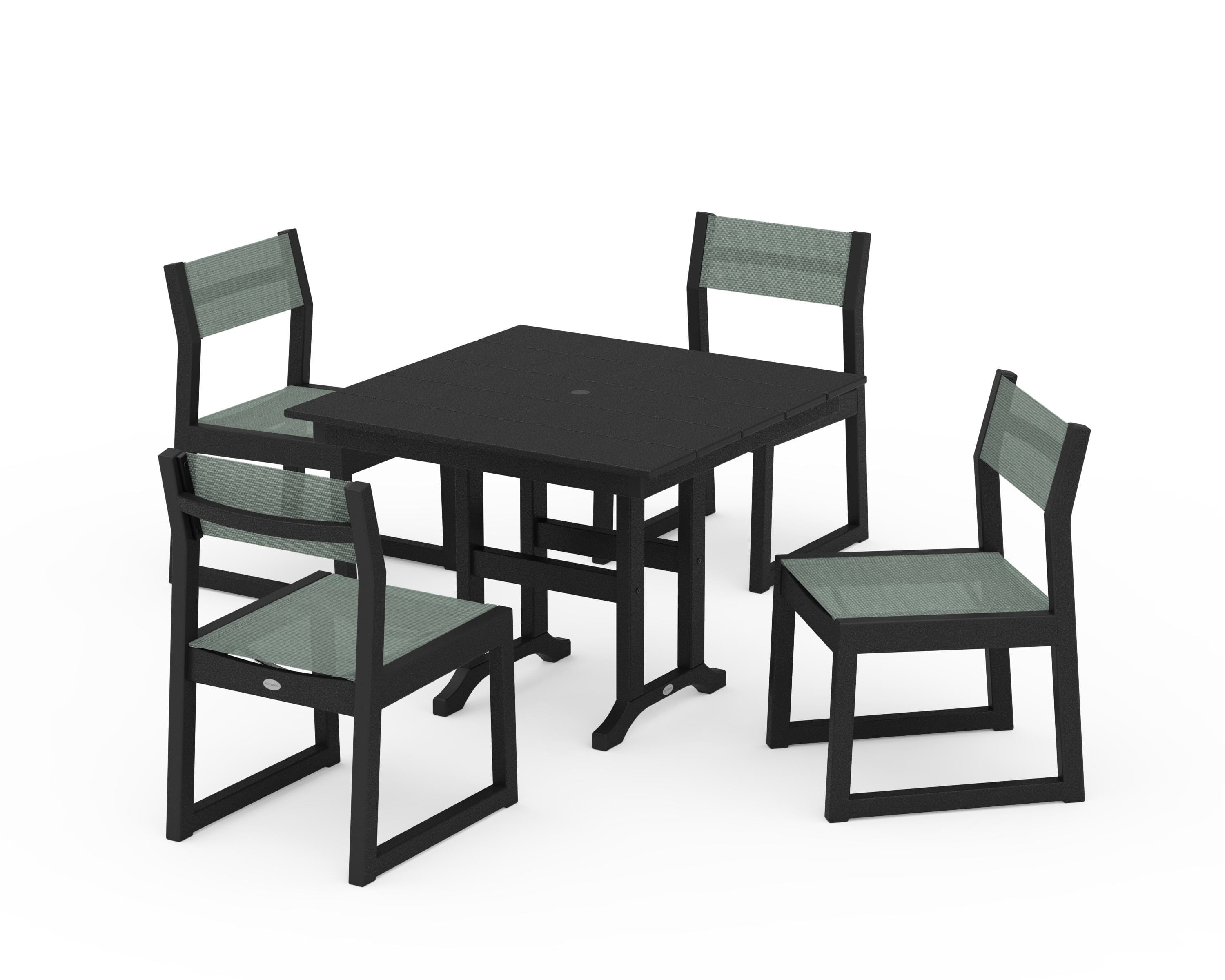 POLYWOOD® EDGE Sling Side Chair 5-Piece Farmhouse Dining Set in Black / Dupioni Sea Mist Sling