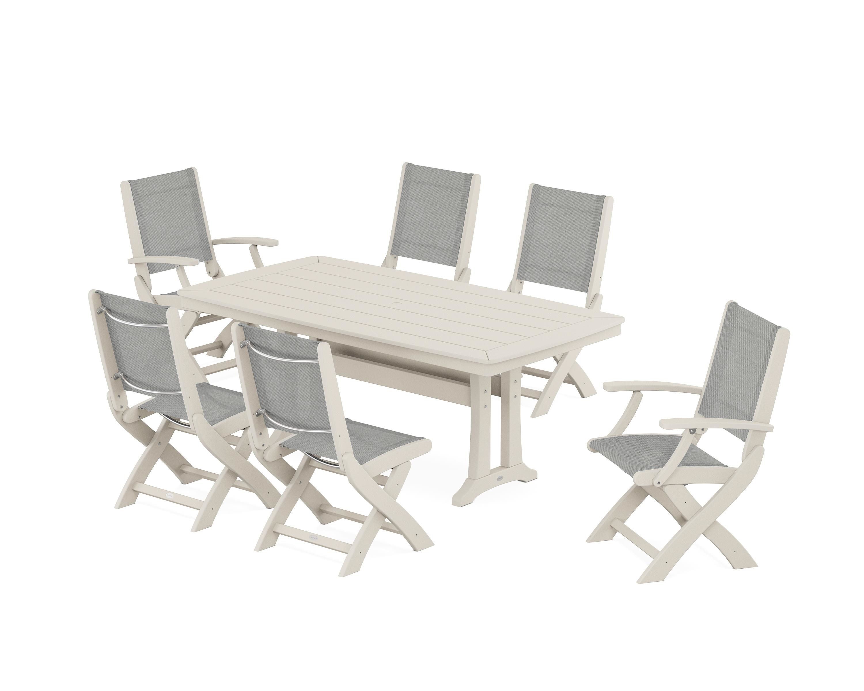 POLYWOOD® Coastal Folding Chair 7-Piece Dining Set with Trestle Legs in Sand / Metallic Sling