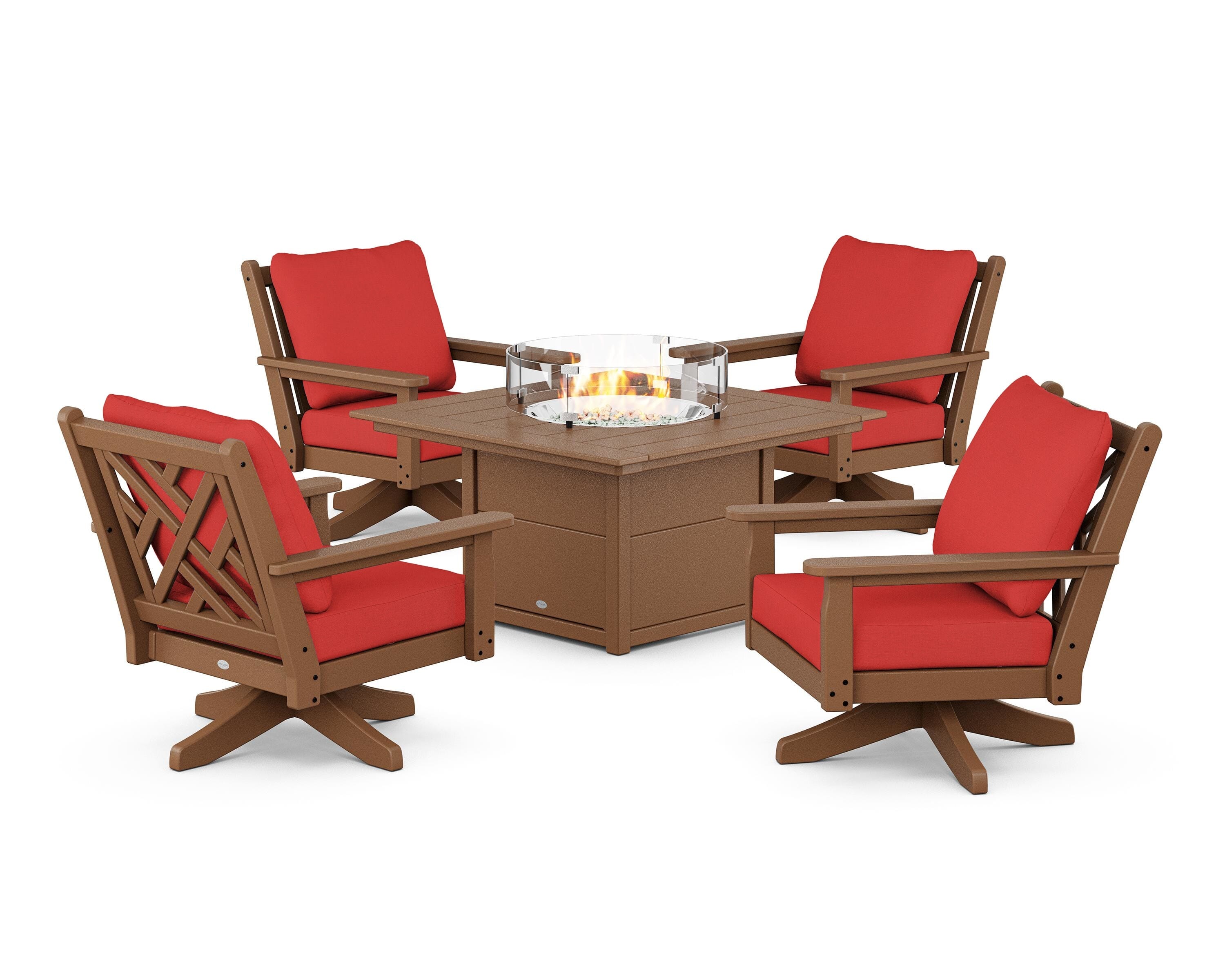 POLYWOOD® Chippendale 5-Piece Deep Seating Swivel Conversation Set with Fire Pit Table in Teak / Crimson Linen