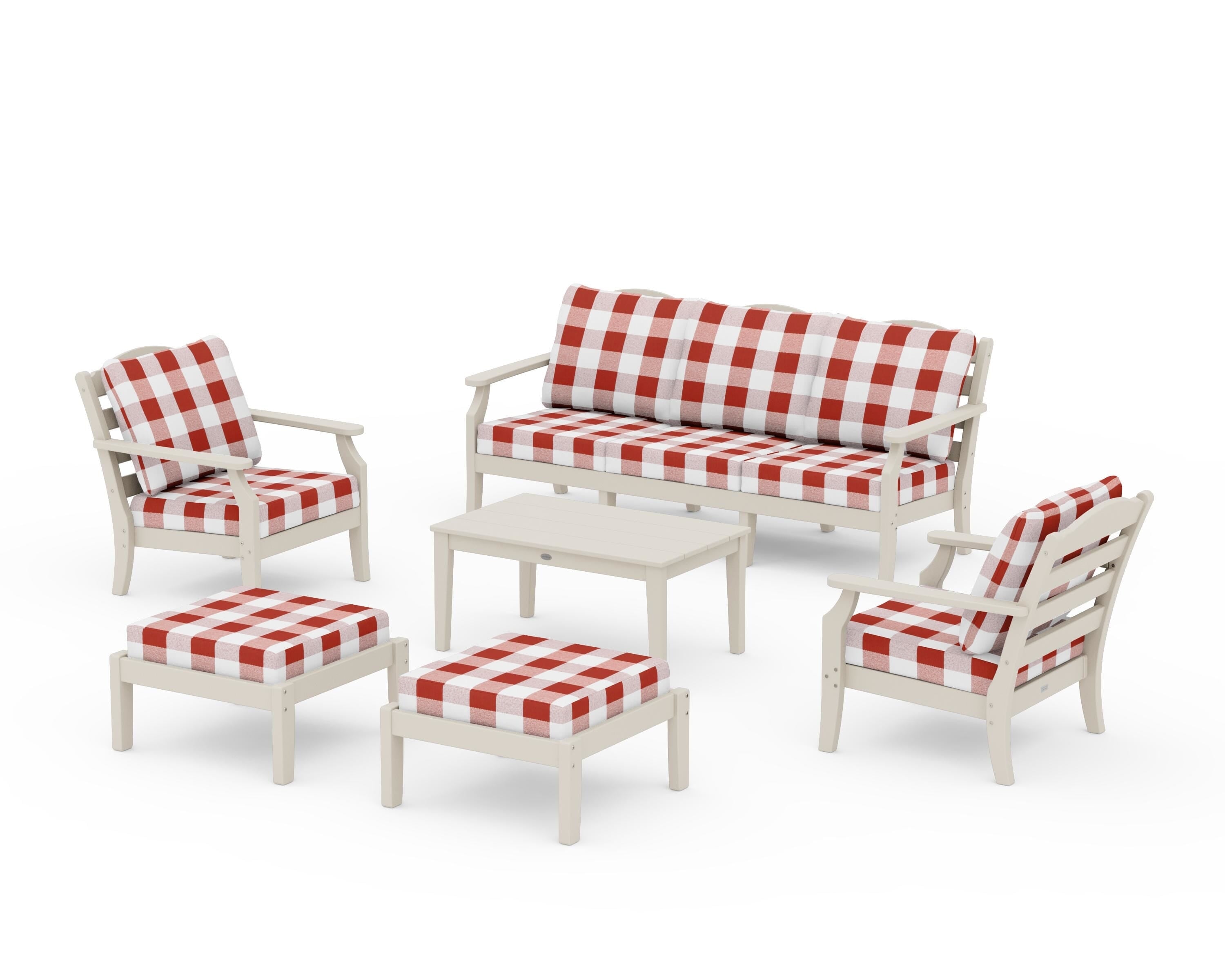 Draper James™ by POLYWOOD® Savannah 6-Piece Lounge Sofa Set in Sand / Buffalo Plaid Crimson