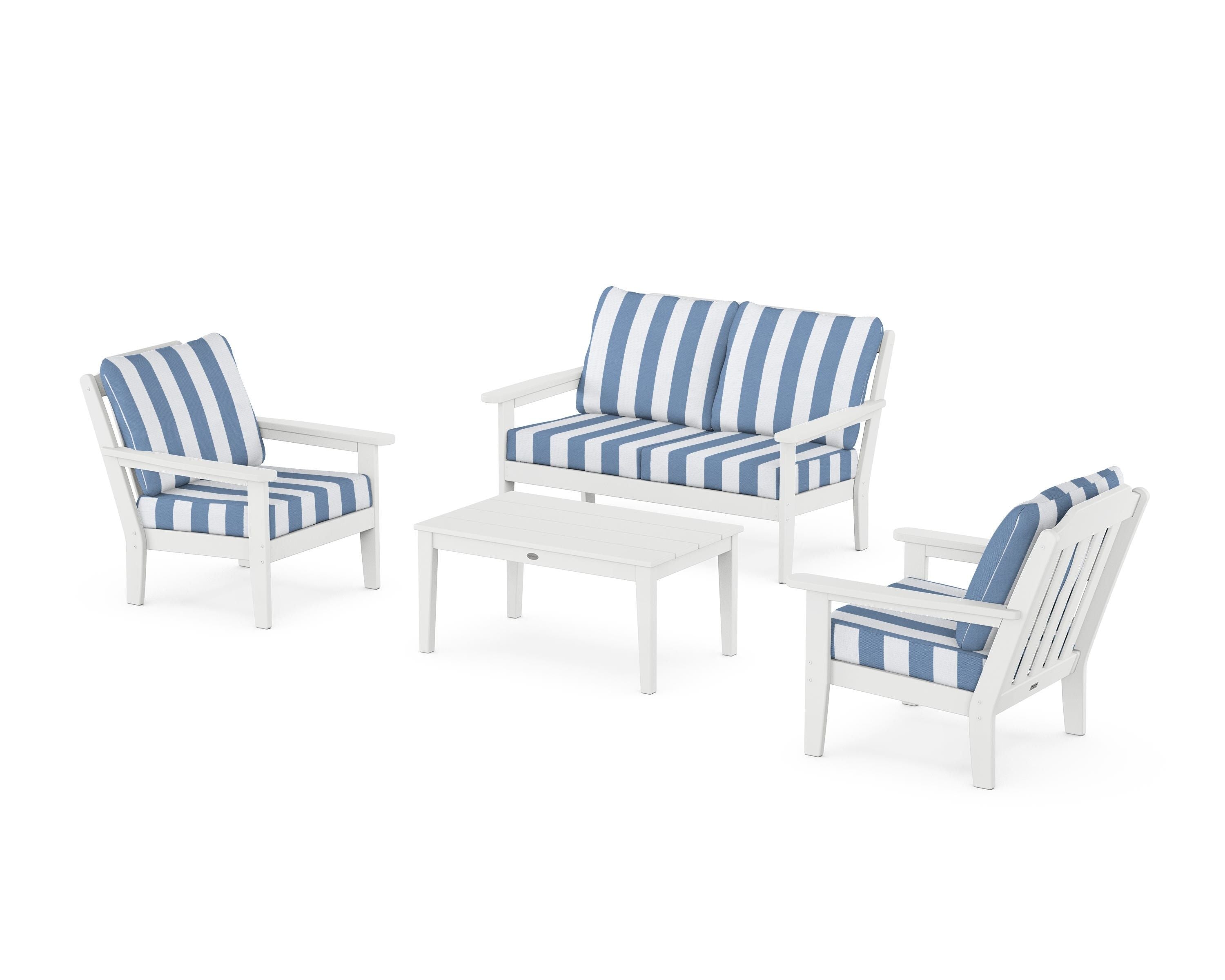 Country Living Cottage 4-Piece Deep Seating Set with Loveseat in White / Cabana Stripe Sky Blue