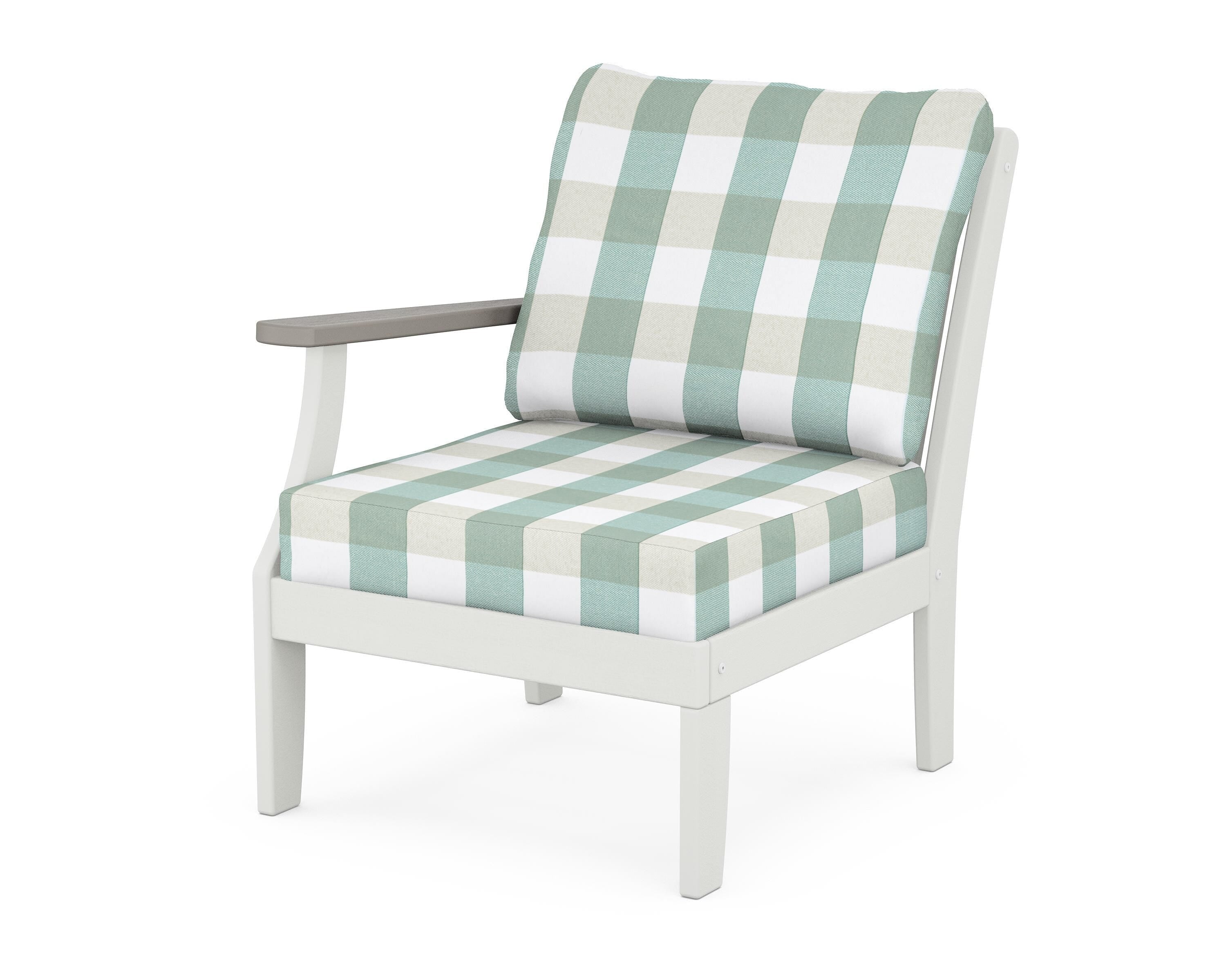 POLYWOOD® Braxton Modular Left Arm Chair in White / Driftwood / Buffalo Plaid Glacier Spa