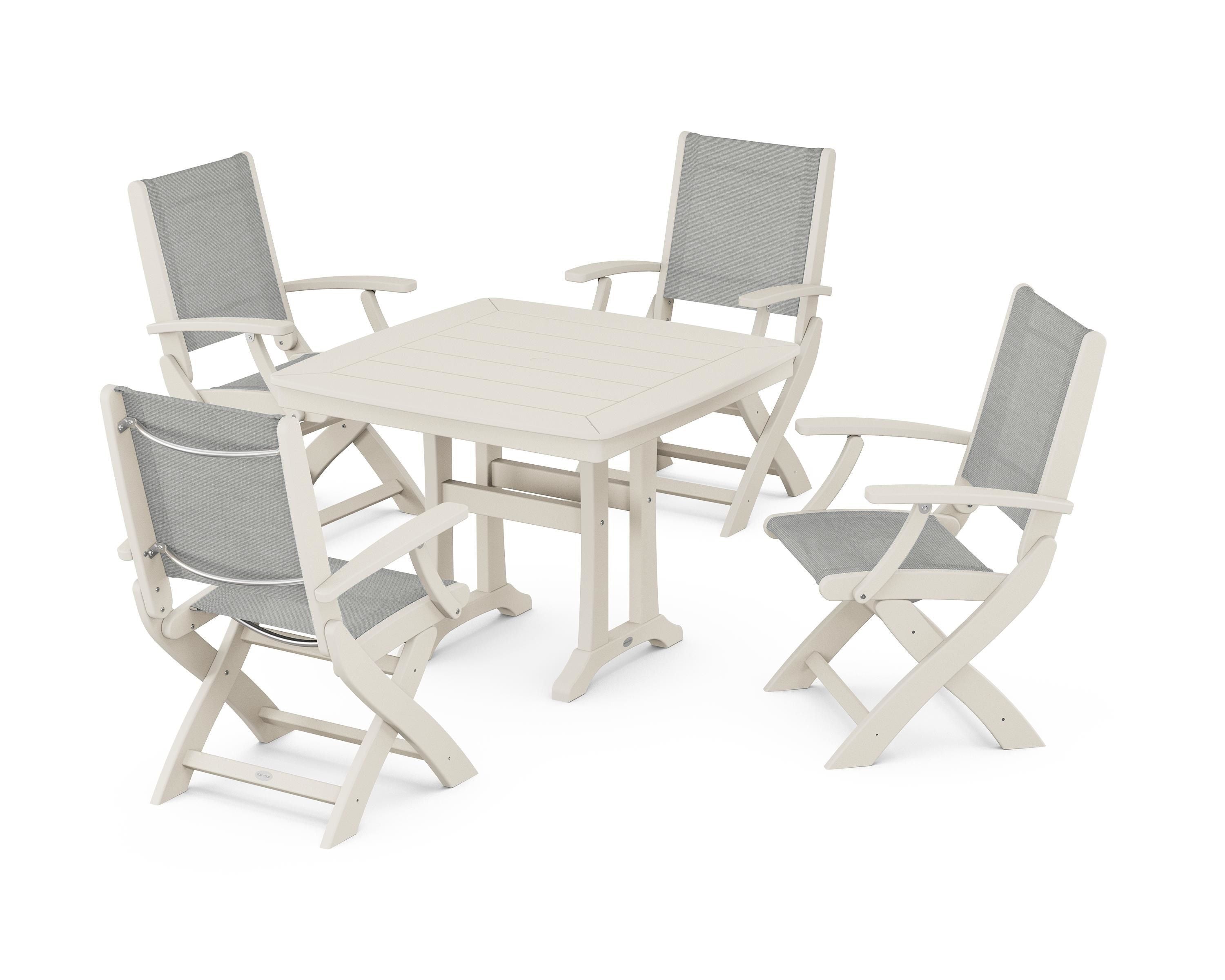 POLYWOOD® Coastal Folding Chair 5-Piece Dining Set with Trestle Legs in Sand / Metallic Sling