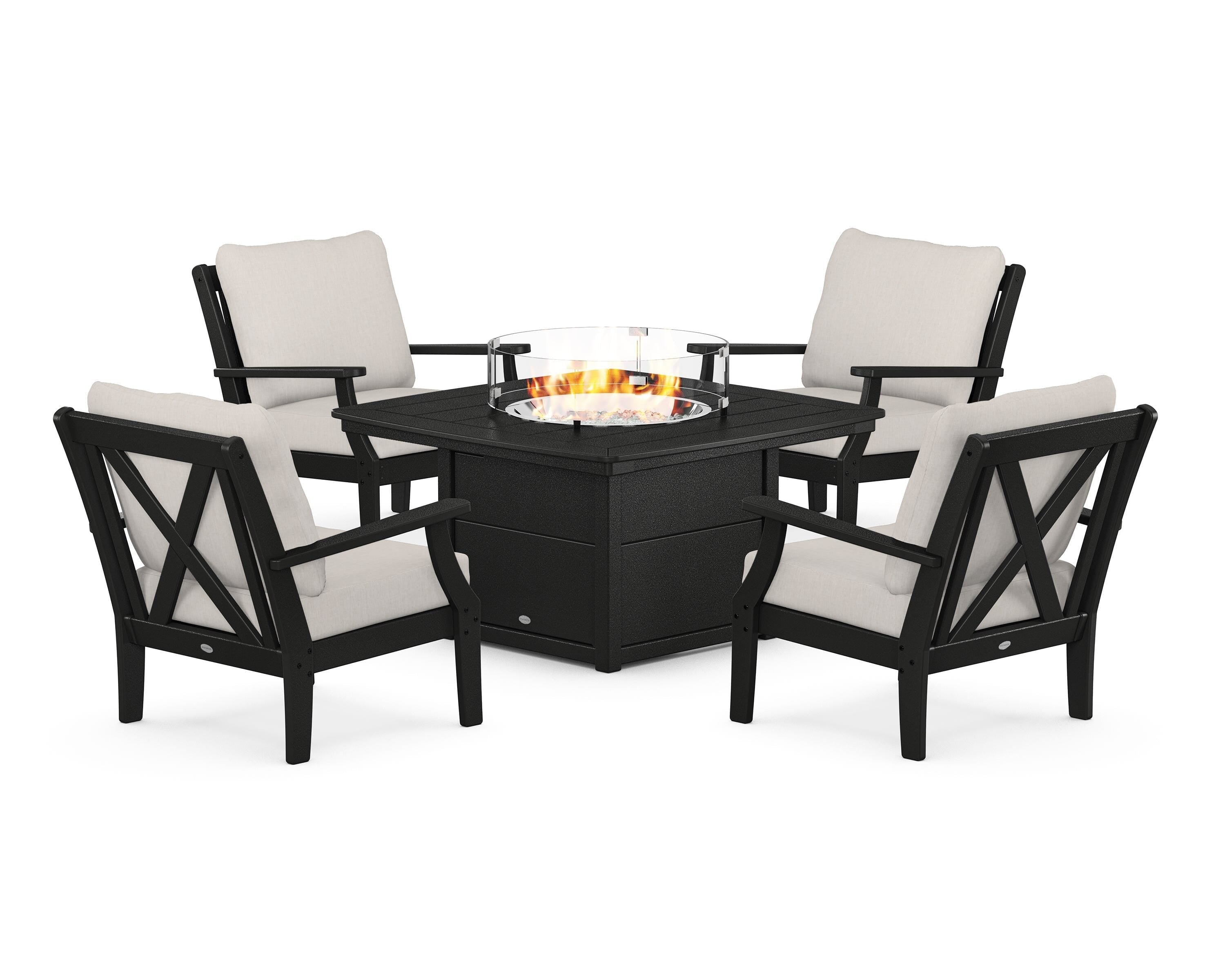 POLYWOOD® Braxton 5-Piece Deep Seating Conversation Set with Fire Pit Table in Black / Cast Ash