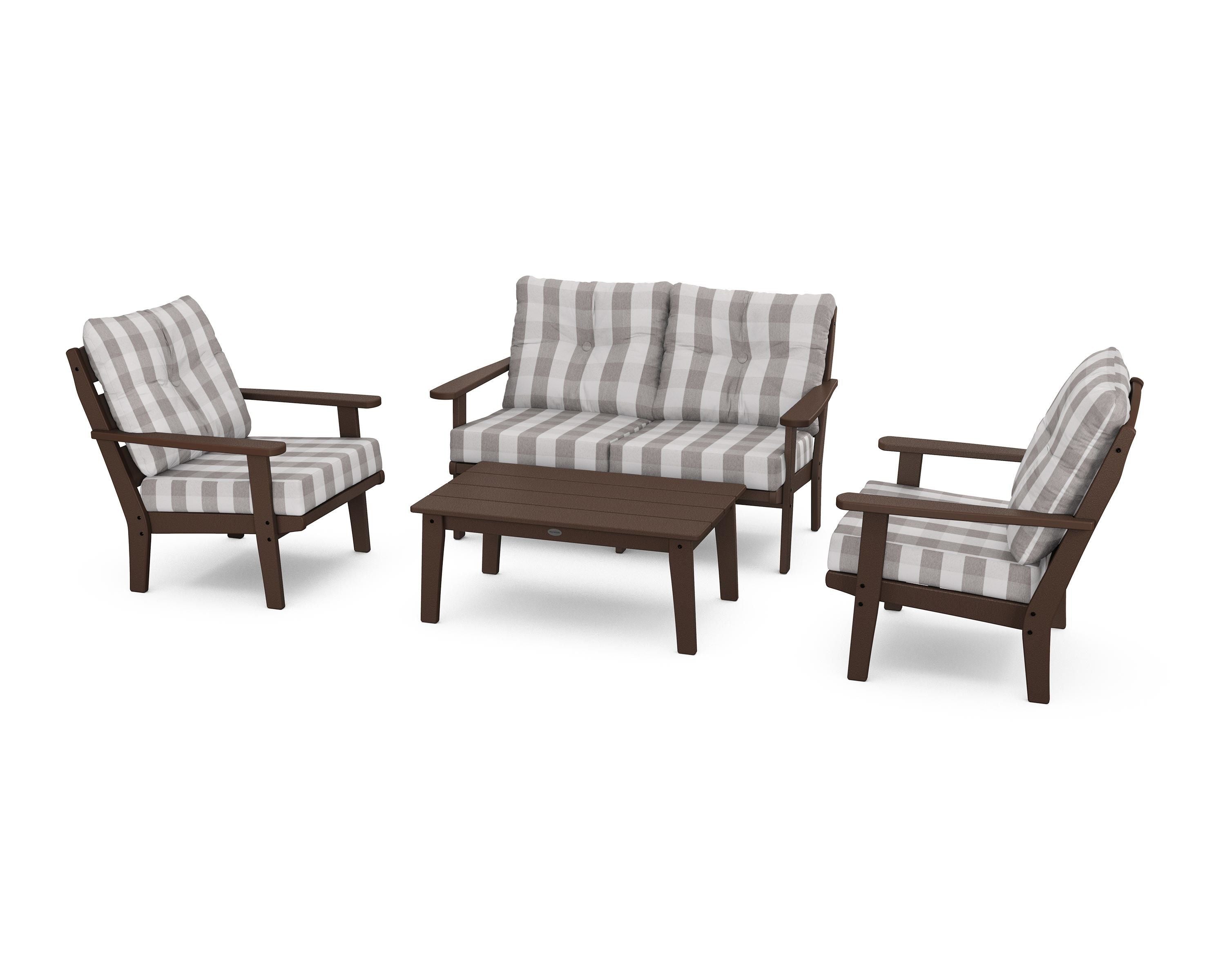 POLYWOOD® Lakeside 4-Piece Deep Seating Set in Mahogany / Buffalo Plaid Grey Mist