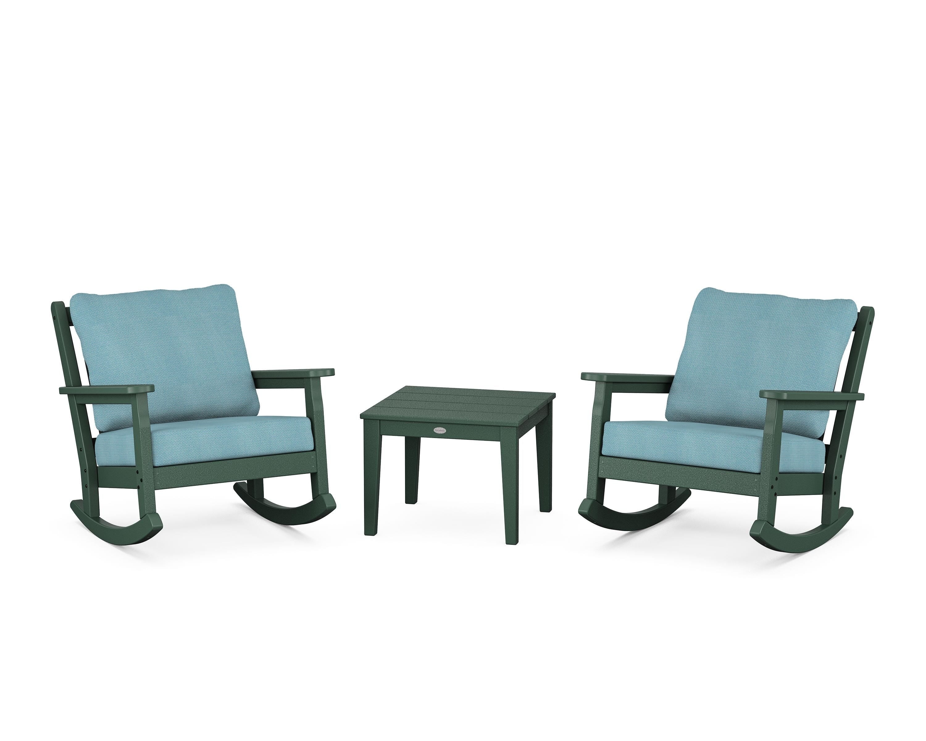 POLYWOOD® Chippendale 3-Piece Deep Seating Rocker Set in Green / Lattice Sky Blue
