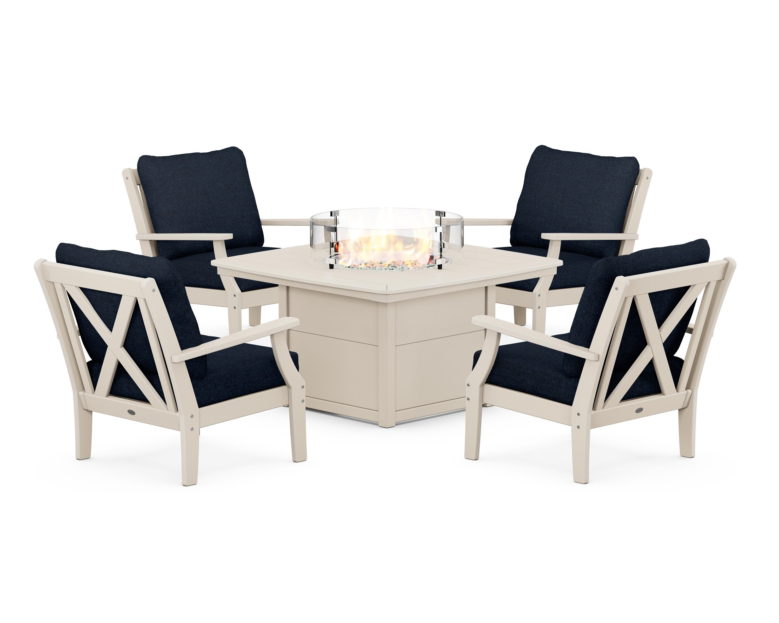 POLYWOOD® Braxton 5-Piece Deep Seating Conversation Set with Fire Pit Table in Sand / Marine Indigo