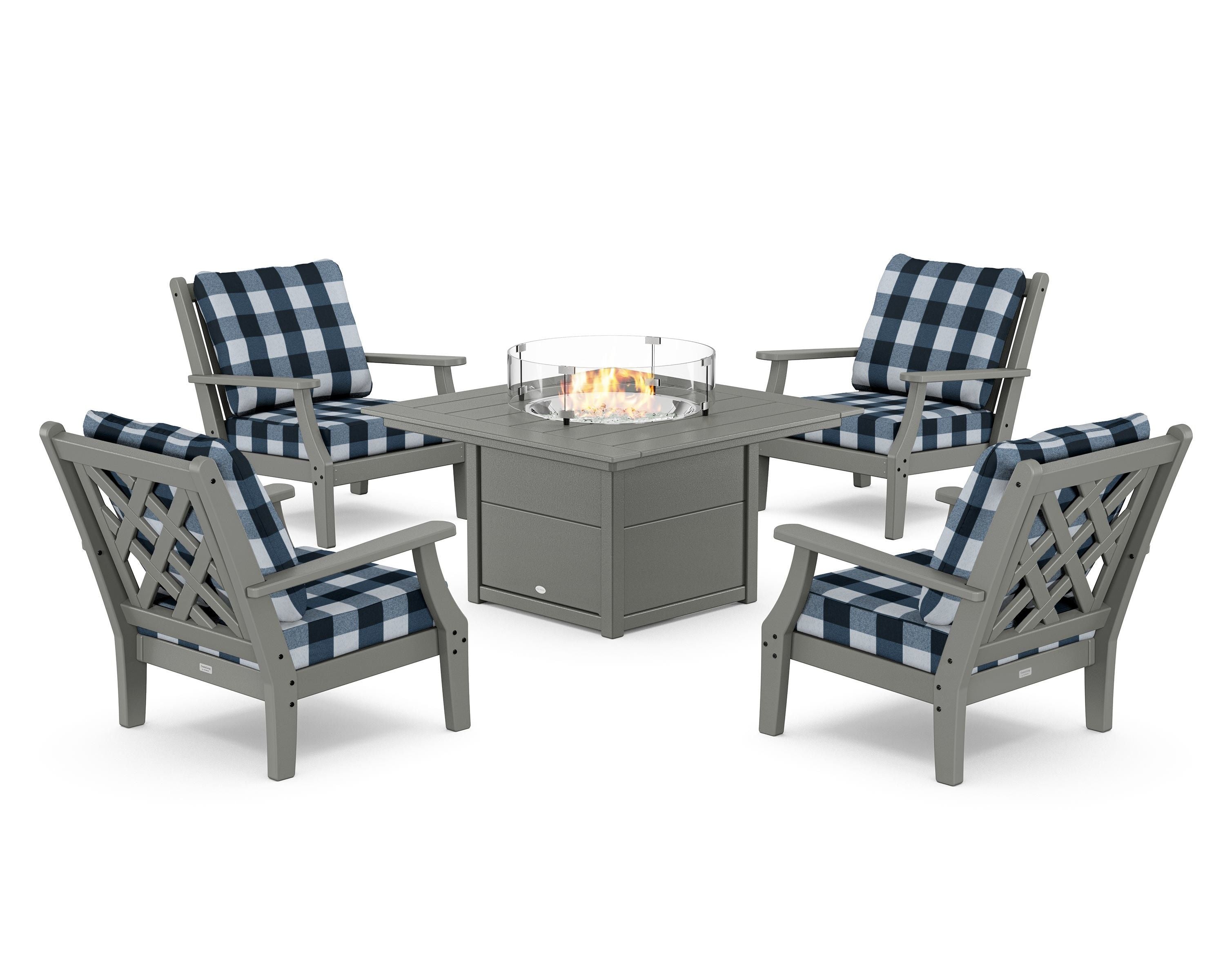 Country Living Wovendale 5-Piece Deep Seating Set with Fire Pit Table in Slate Grey / Buffalo Plaid Marine Indigo